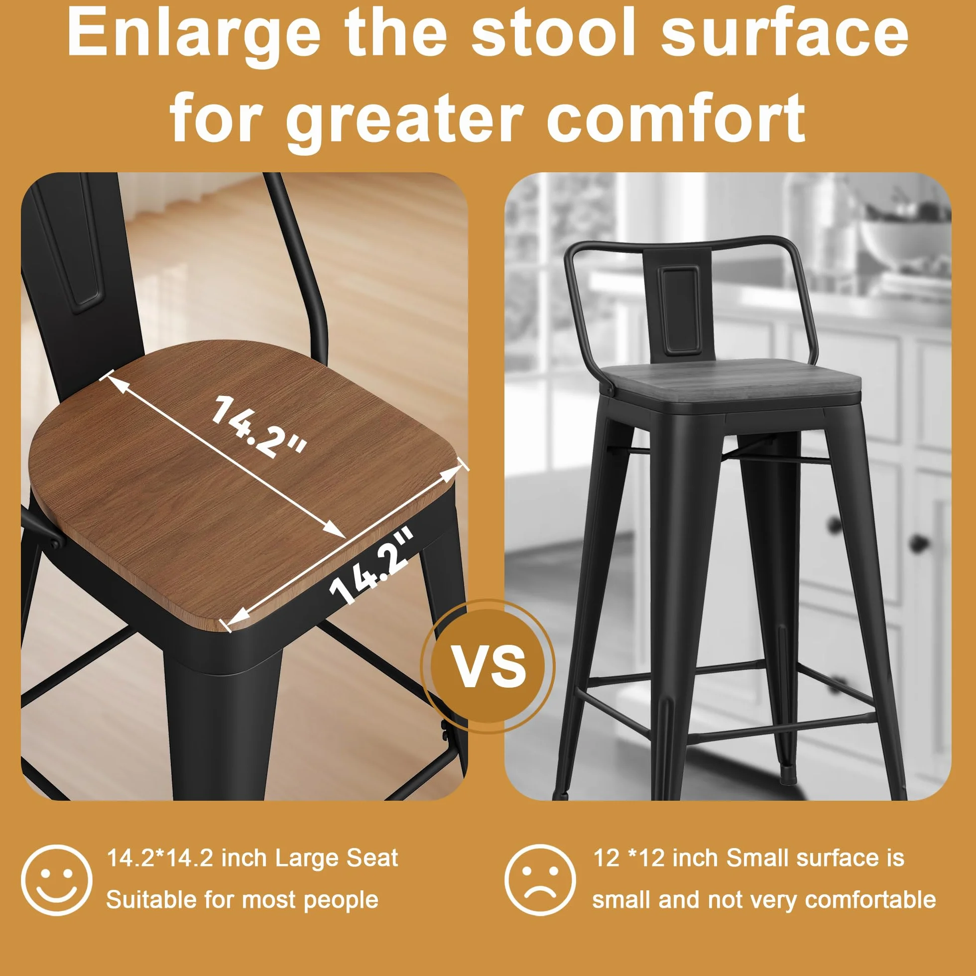 Metal Bar Stools Set of 4, 24" Counter Height with Backs, Black | Matte black metal frame barstools, Modern farmhouse high-back bar chairs, Larger seat for kitchen and dining islands