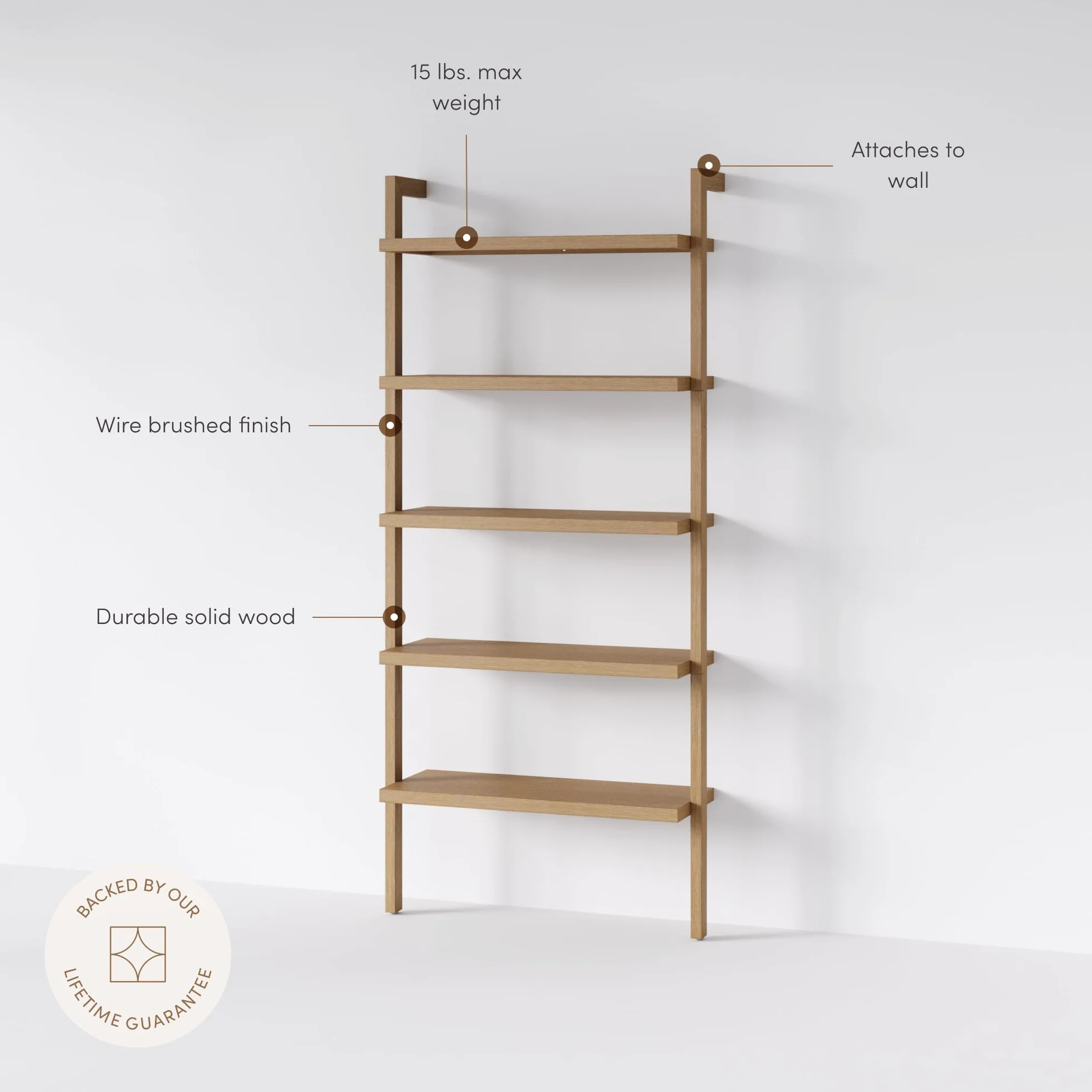 Nathan James Beacon 5 Tier Bookshelf, Wall Mounted Bookcase, Solid Wood Bookshelf in Wire Brushed Finish, Boho Rustic Bookcase