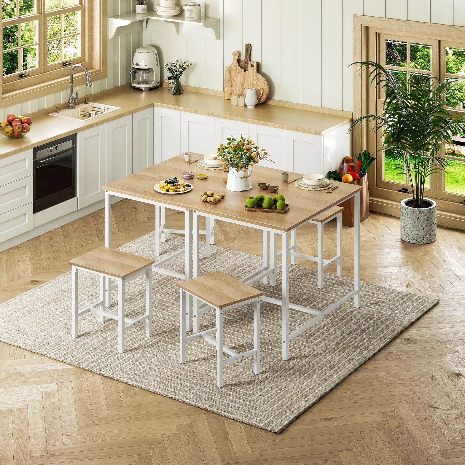 HOOBRO 3-Piece Industrial Dining Table Set, Kitchen Table, Space Saving Dinette for Kitchen, Dining Room, Small Space, Breakfast Nook, Living Room, Party, Natural and White WN75CZ01G1