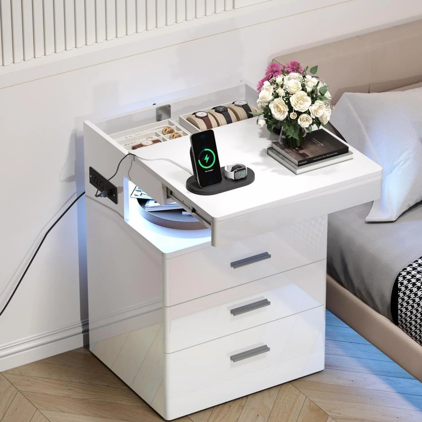 Treocho Led Nightstand with Hidden Space & Charging Station | 3 Drawer Smart Nightstand, Glossy Finish, RGB Lights, Tall Bedside Table for Bedroom, White