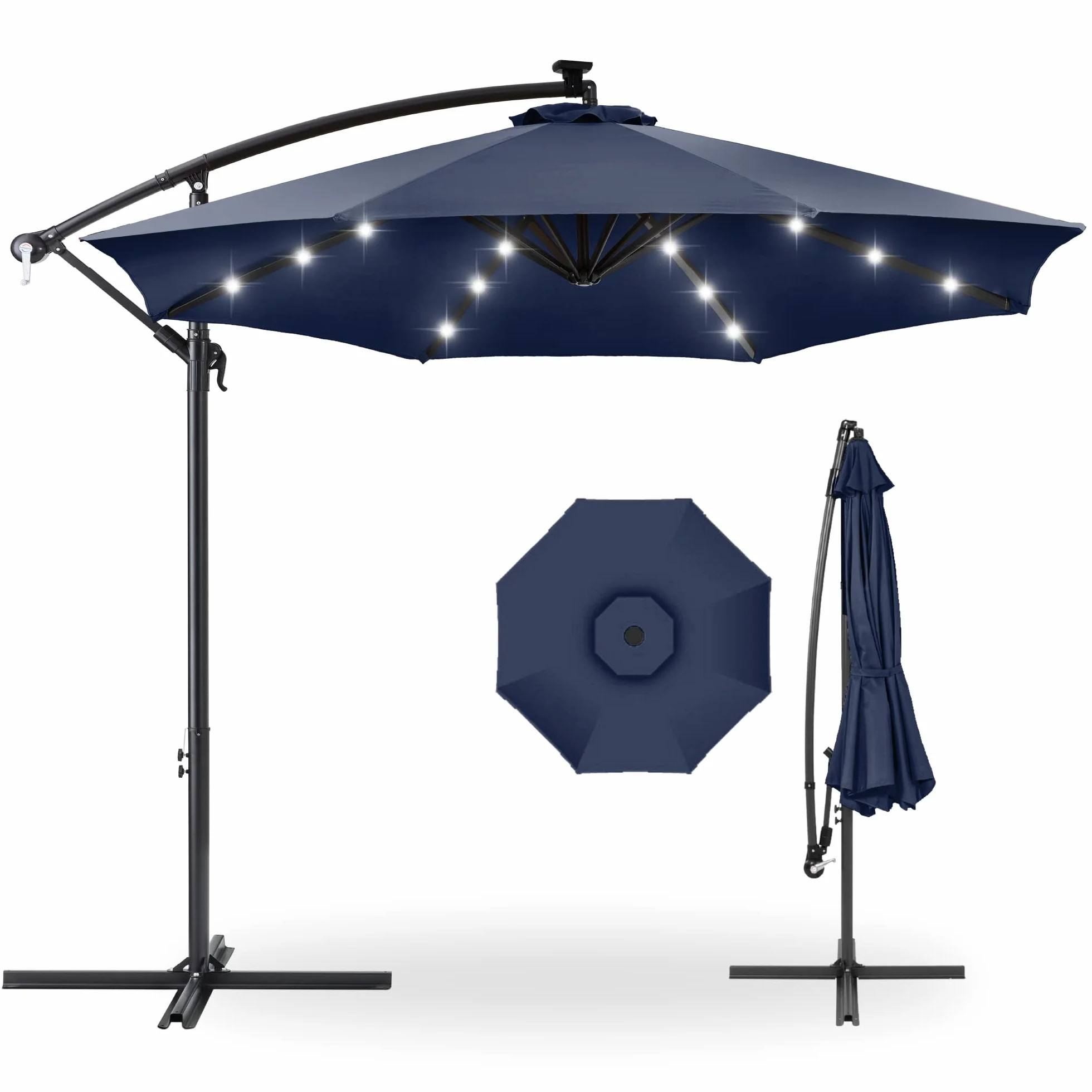 Best Choice Products 10ft Solar LED Offset Cantilever Hanging Market Patio Umbrella, 8 Sturdy Ribs, Easy Adjustment - Navy Blue