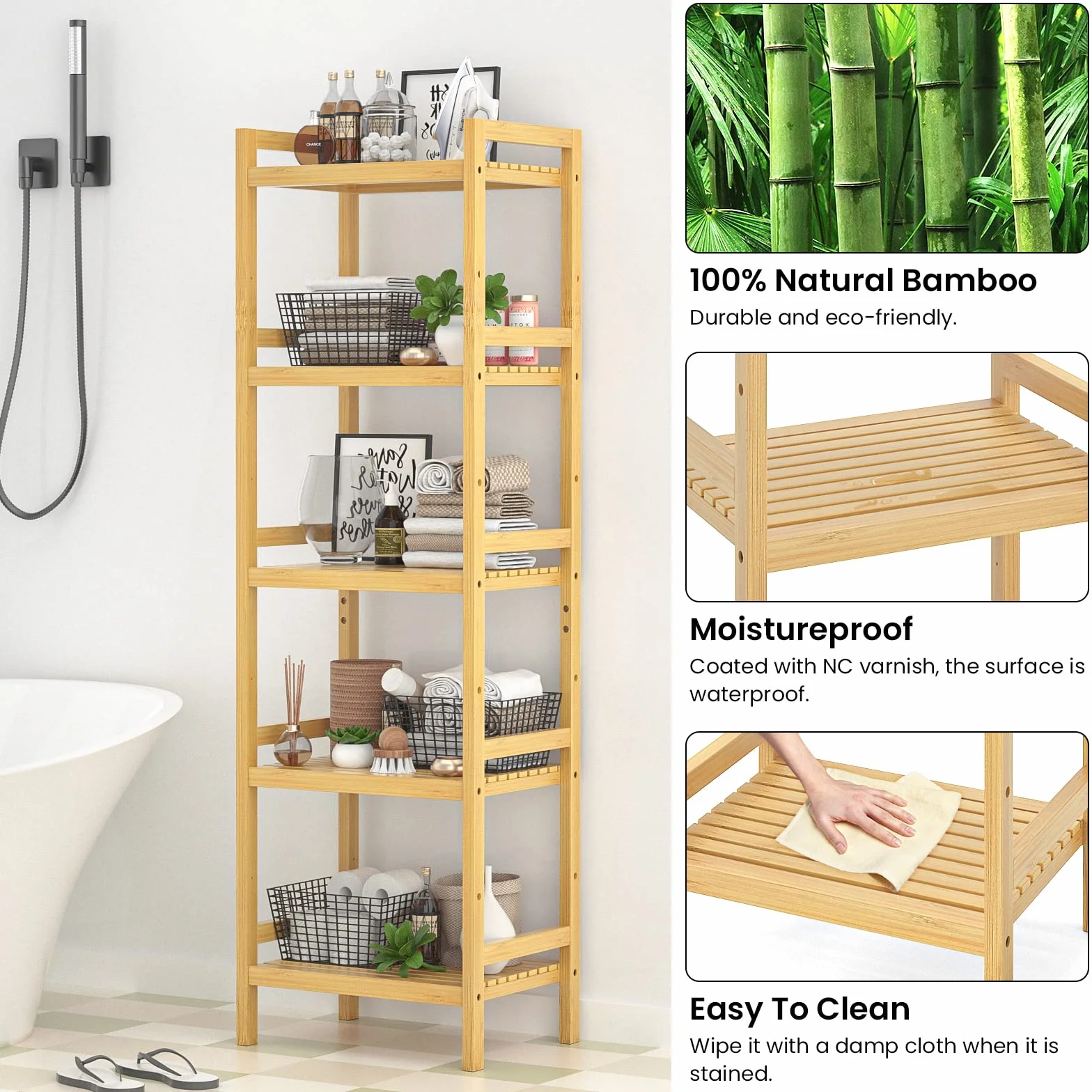 Bamboo Bookshelf, 5-Tier Narrow 55.9” Adjustable Book Shelf Bookcase Bathroom Shelves Freestanding Storage Stand for Living Room, Bedroom, Kitchen, Rust Resistance, Easy Assembly, Natural