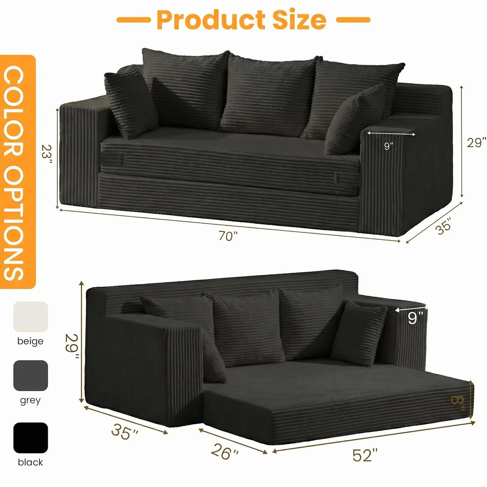 Convertible Sofa Bed, Pull Out 3 Seater Sleeper Sofa, 70" Black Boneless Couch Fold Out Floor Couch with 5 Pillows for Living Room Bedroom Lounge Small Space