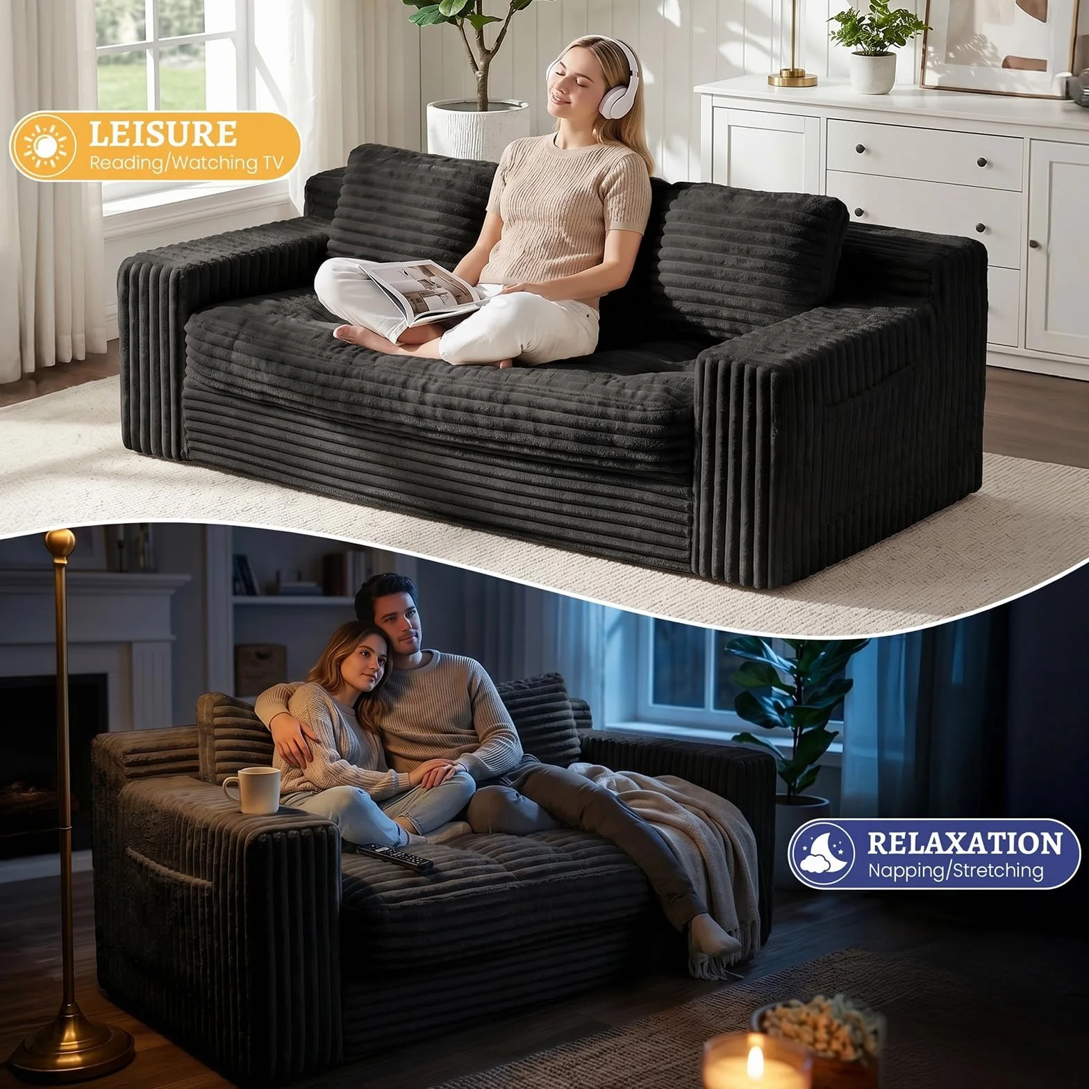 Boneless Couch, Cloud Loveseat Sofa Corduroy Couch in a Box, Upholstered Boneless 3 Seater Couch for Living Room Bedroom Office Apartment, No Assembly Required, Black