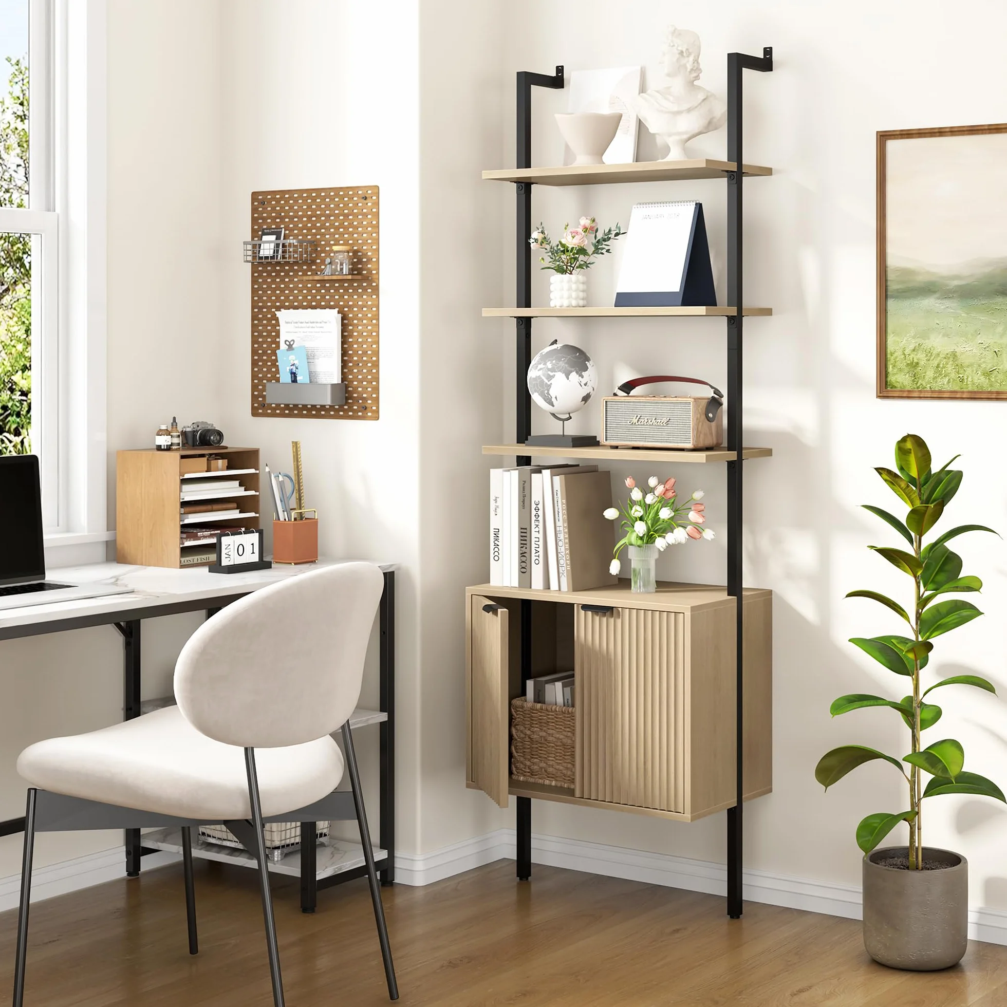 Yusong 73" Tall Bookshelf with Cabinet, Industrial Ladder Wall Mount Shelf Bookcase with Wood and Metal Frame, Plant Shelf Wall Storage Display for Living Room Bedroom, Wavy Light Ivory