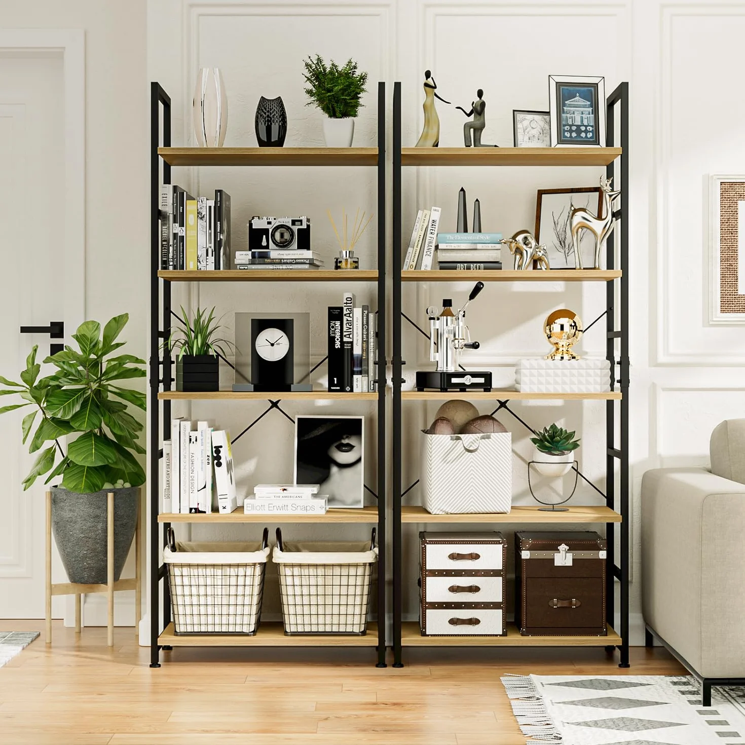 NUMENN 5 Tier Bookshelf, Tall Freestanding Open Storage Bookcase, Natural | Storage Organizer with Metal Frame & Wood Shelves, Support Bars & Adjustable Feet for Bedroom, Living Room & Home Office