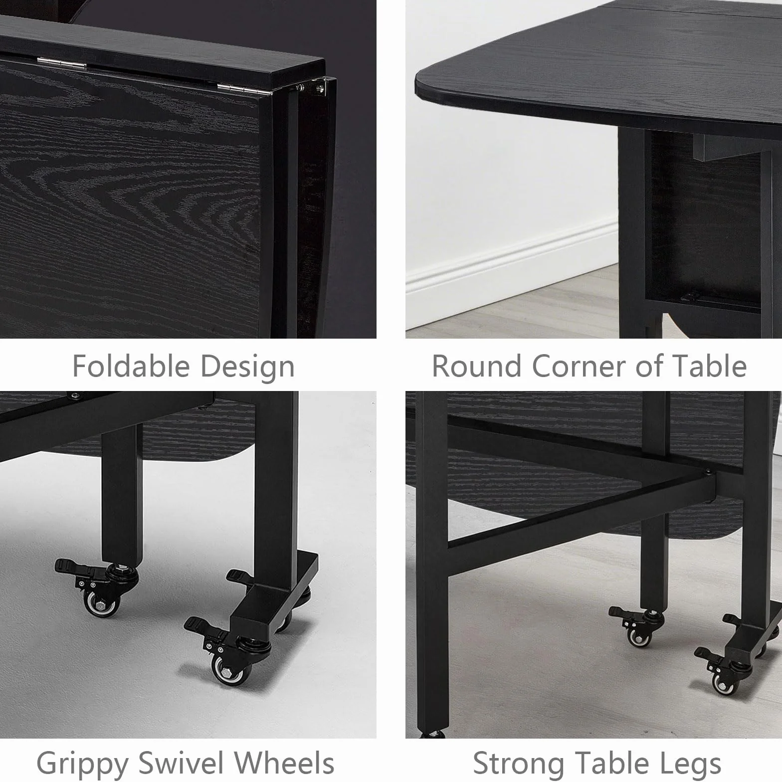 Multifunction Table Drop Leaf Dining Table - 47" Wooden Foldable Kitchen Table with 6 Wheels (Black)