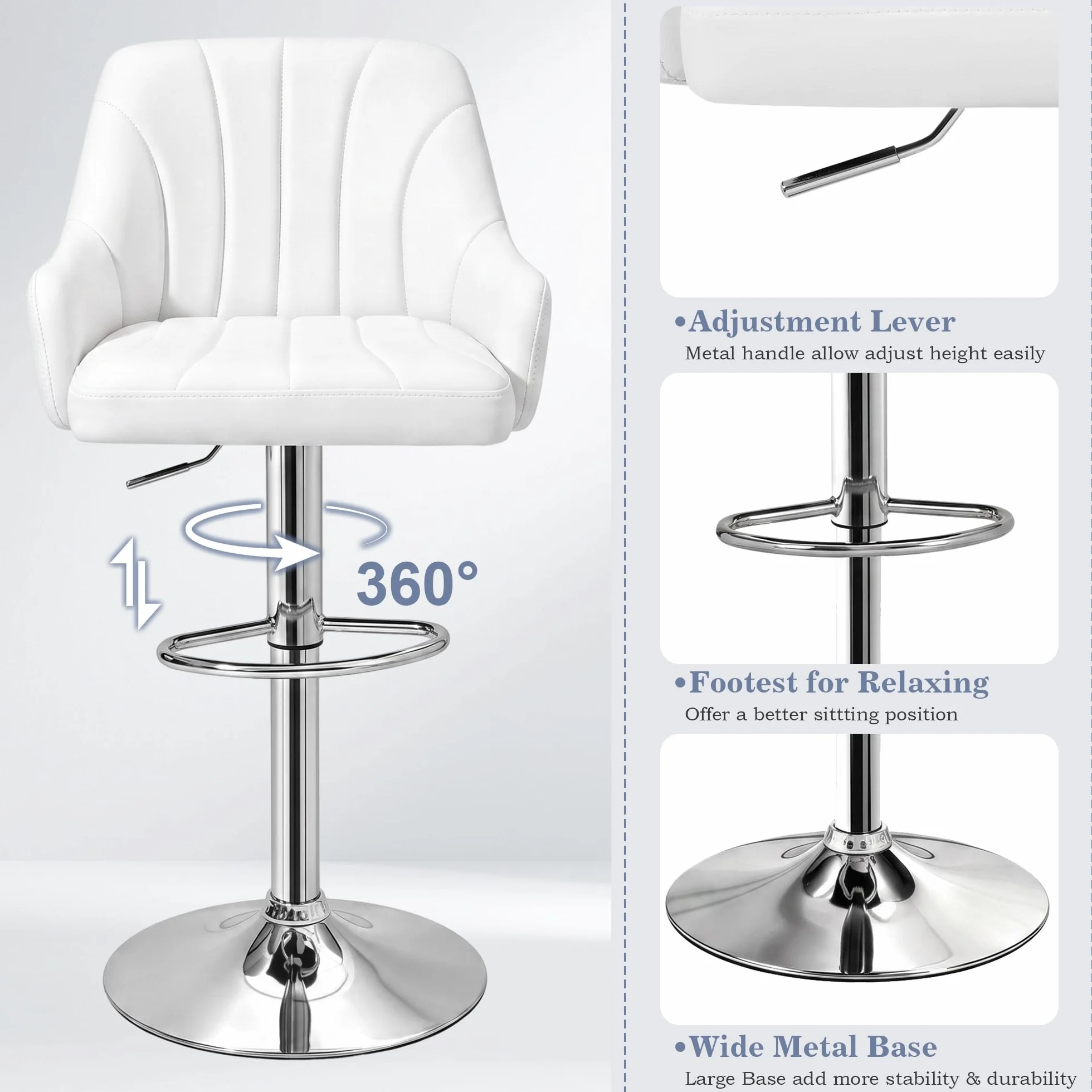 VECELO Bar Stools Set of 2, Adjustable Barstools, Counter Height Stools with Back and Arm, Kitchen Island Stools, Swivel PU Leather Stools, Modern Style, White