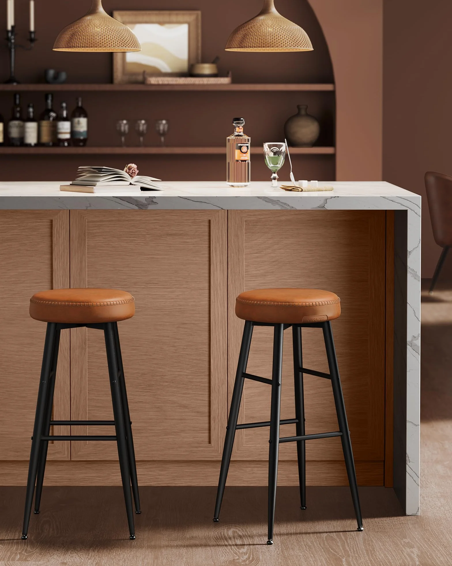 VASAGLE EKHO Collection - Bar Stools Set of 2, Kitchen Counter Stools, Breakfast Stools, Synthetic Leather with Stitching, Mid-Century Modern, 30-Inch Tall, Home Bar, Caramel Brown ULBC090K01V1