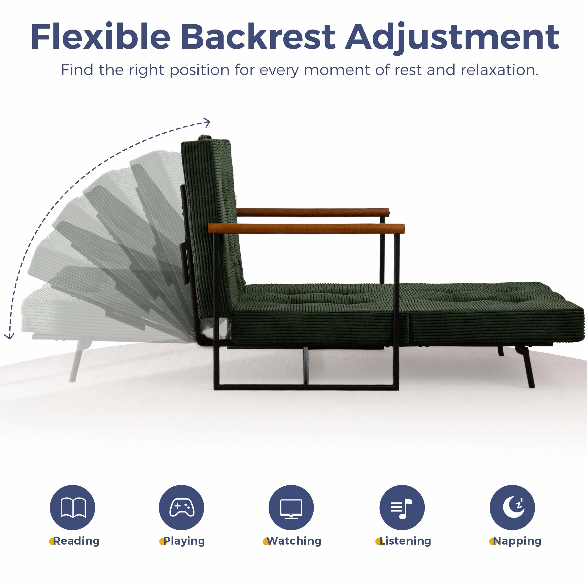 MAXYOYO Chair Bed, Adjustable Sleeper Chair, Single Sofa Bed with Frame | 2-in-1 Folding Lounge Chair, Adjustable Backrest and Tufted Corded Upholstery for Living Rooms or Bedrooms, Dark Green