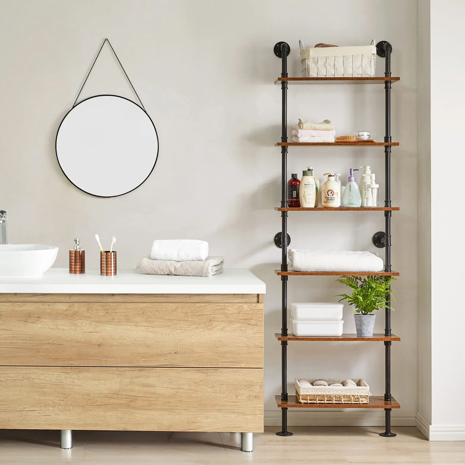 YMYNY Industrial Pipe Ladder Shelf, 6-Tier Wall Mounted Bookcase with Metal Frame, 78.7" Open Bookshelf, Multifunctional Storage Rack for Home Office, Living Room, Plant Stand, Rustic Brown, RF-TM018