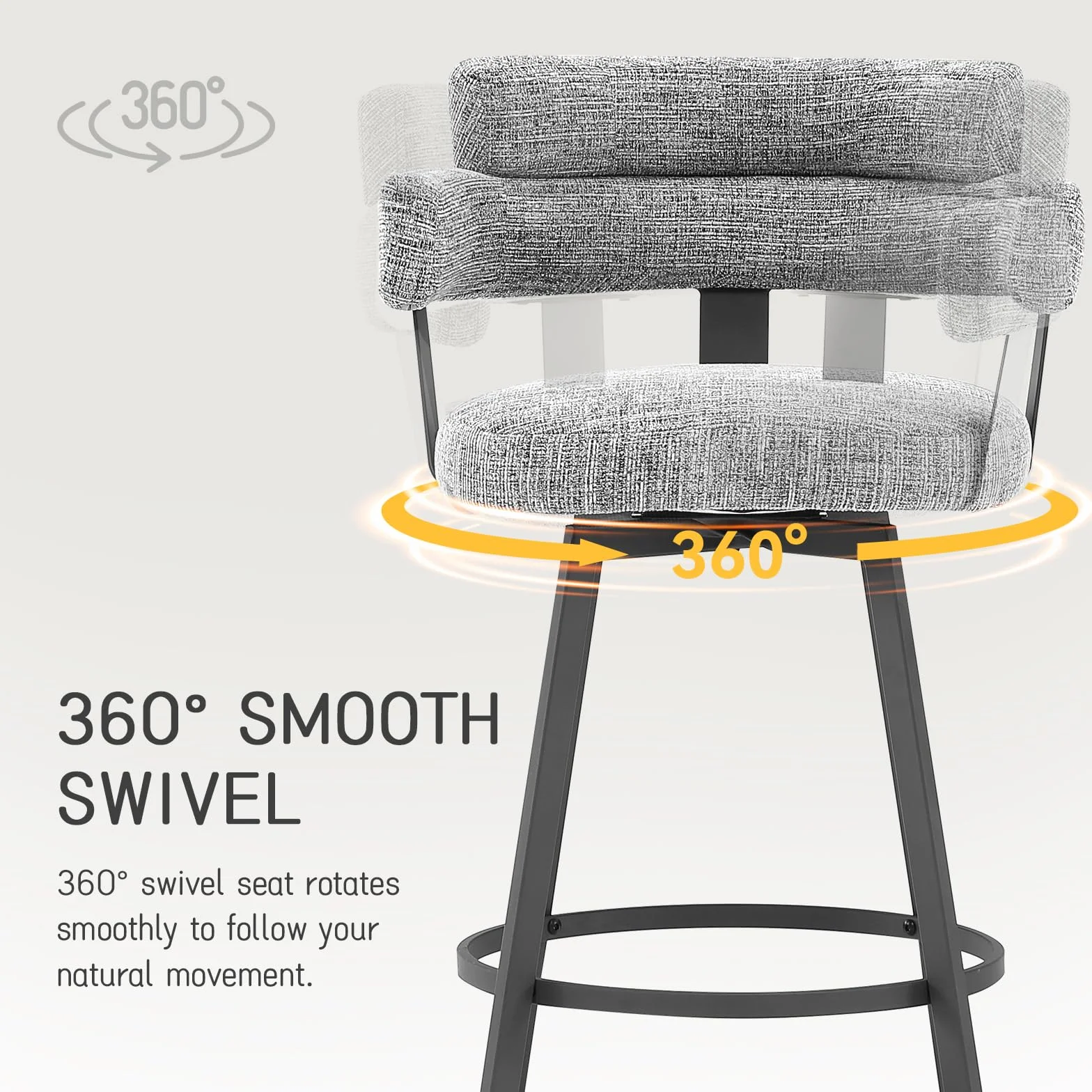 Counter Height Bar Stools with Full Back – Swivel Counter Stools Set of 2 with Linen Padded Back, Metal Footrest, Modern Barstools for Kitchen Counter, Island, Dining Room, Grey 24 inch