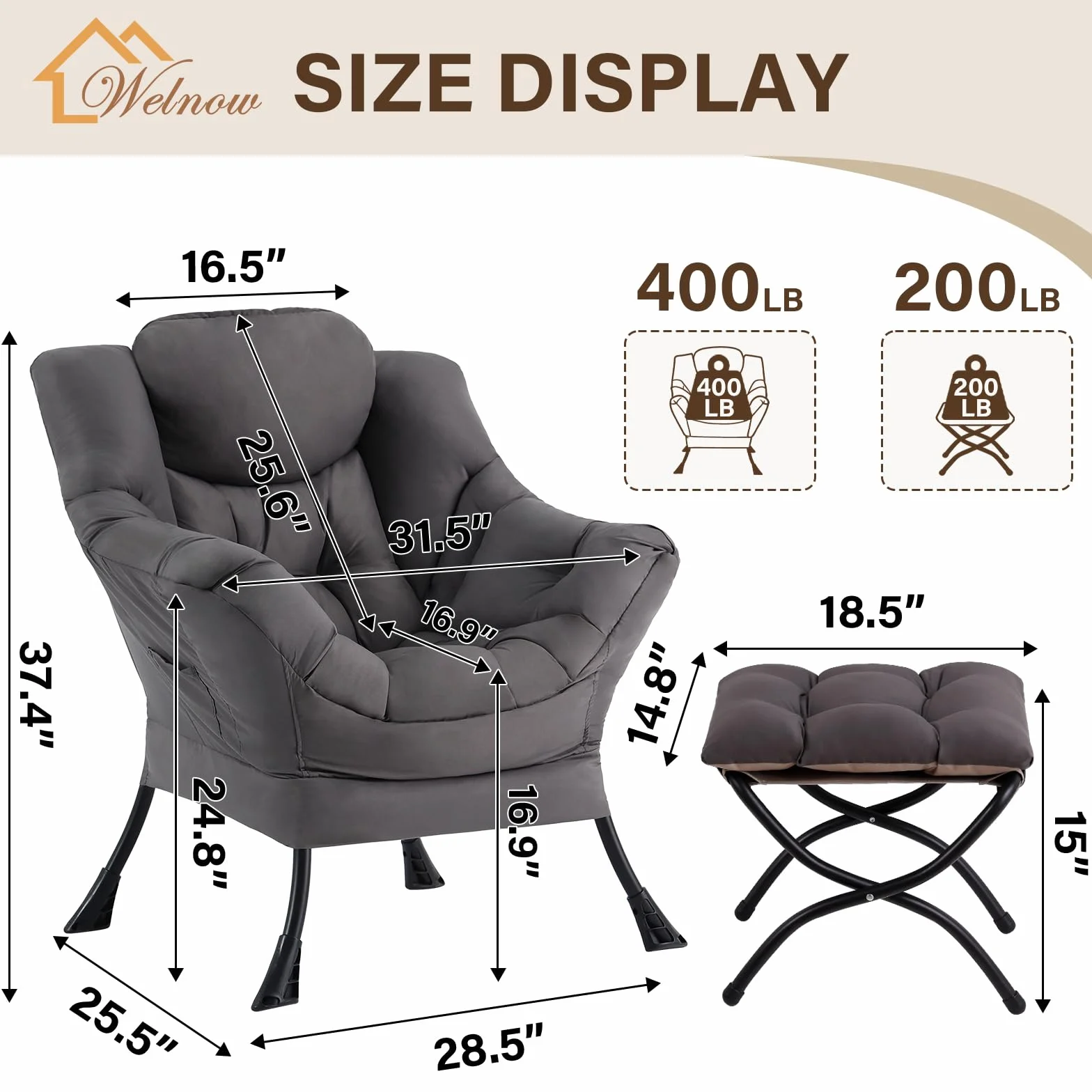 Welnow Lazy Chair with Ottoman, Reading Chair with Footrest,Dark Grey | A Side Pocket,Armrests,Foldable Footrest,Thick Cushioned Seat & Backrest, Lounge Chair for Bedroom,Living Room & Small Space