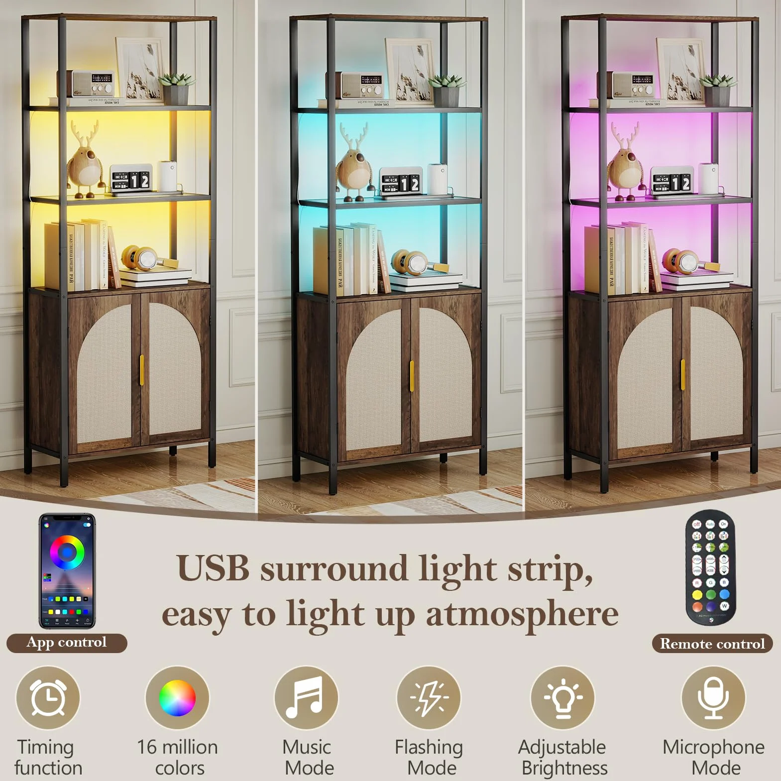 Turosur Rattan Bookshelf with Storage, Boho Bookcase with Wicker Doors, 71" Tall Book Shelf with LED Lights for Living Room, Brown