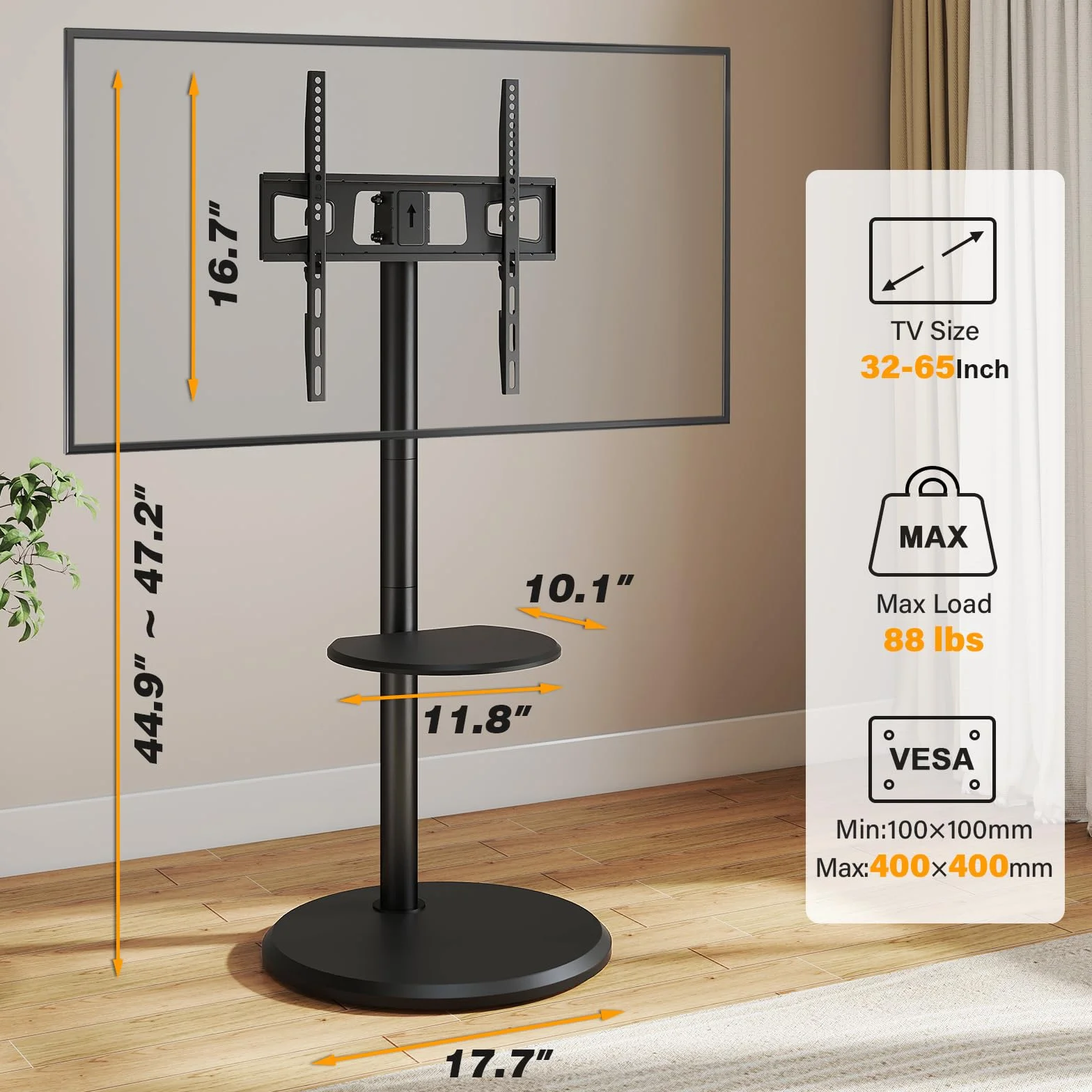 5Rcom Rolling Mobile TV Stand for 32-65 Inch Flat Screen TVs | Height Adjustable Tilt TV Cart with Storage Shelf, Holds 88lbs, Black for Bedroom Living Room Office