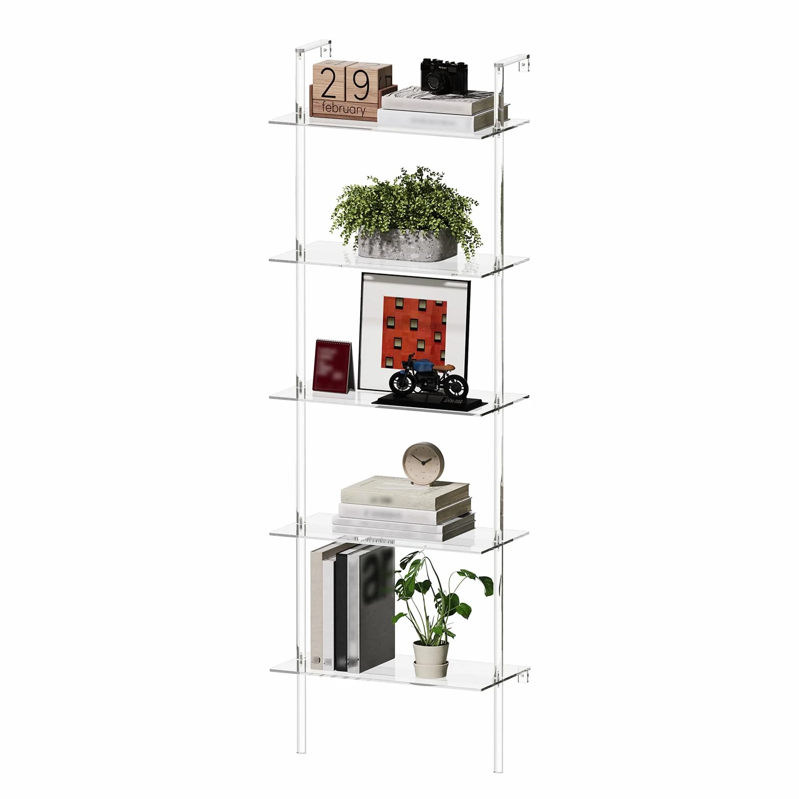 Acrylic Ladder Bookshelf, 5-Tier Clear Wall Mounted Bookshelf with Open Shelves, Multipurpose Bookcase for Living Room, Bathroom, Office, Modern, 11.6" D x 23.4" W x 72.6" H
