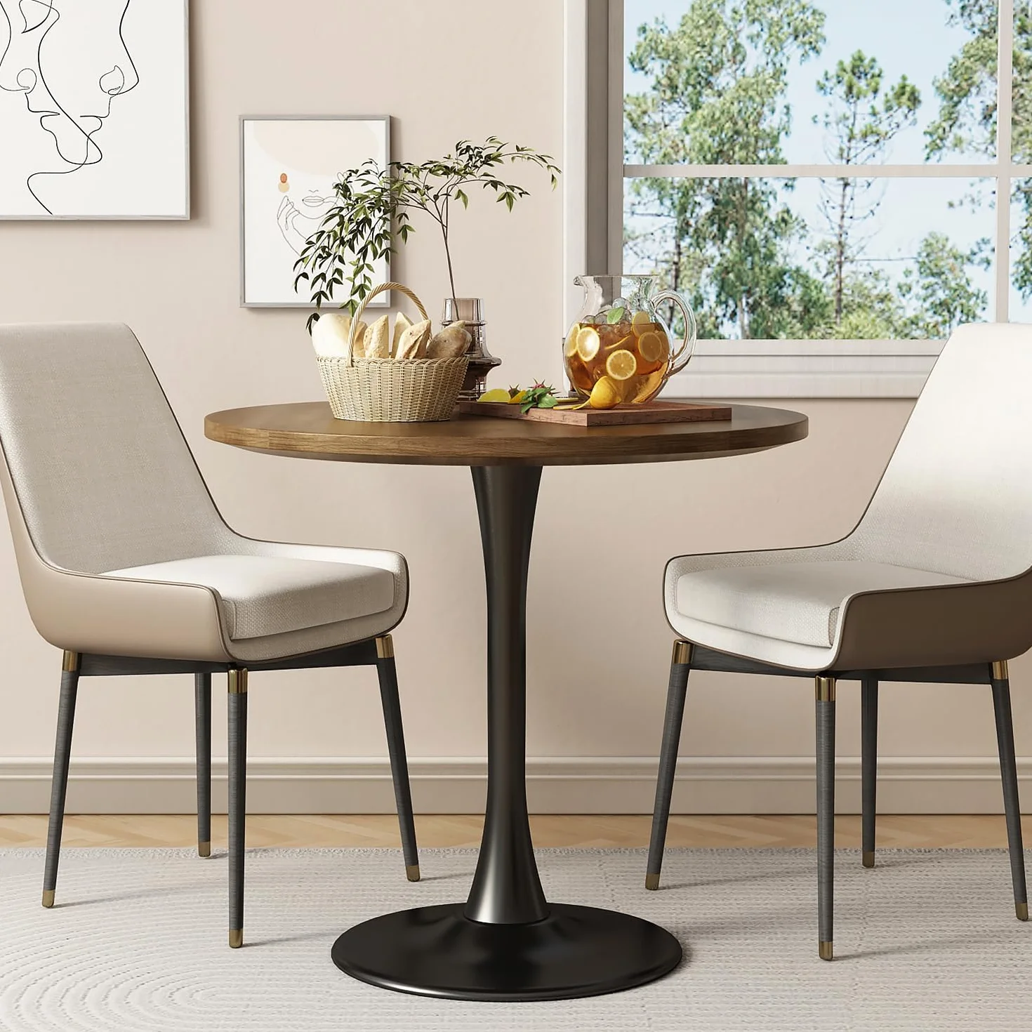 Round Dining Table 31.5" Circle Tulip Table for 4 People,Walnut | Mid Century Modern Leisure Kitchen Table with Wood Thickened Tabletop Sturdy Metal Pedestal for Small Places Living Room Cafe