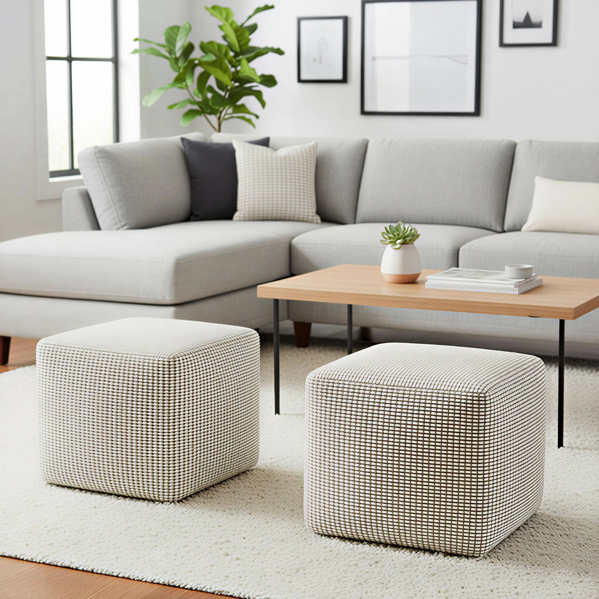 SIMPLIHOME Zelma Square Pouf – 18 inch Wide Upholstered PET Polyester Ottoman in Dune Beige, Boho Indoor/Outdoor Footstool or Extra Seating for Living Room or Patio, Assembled