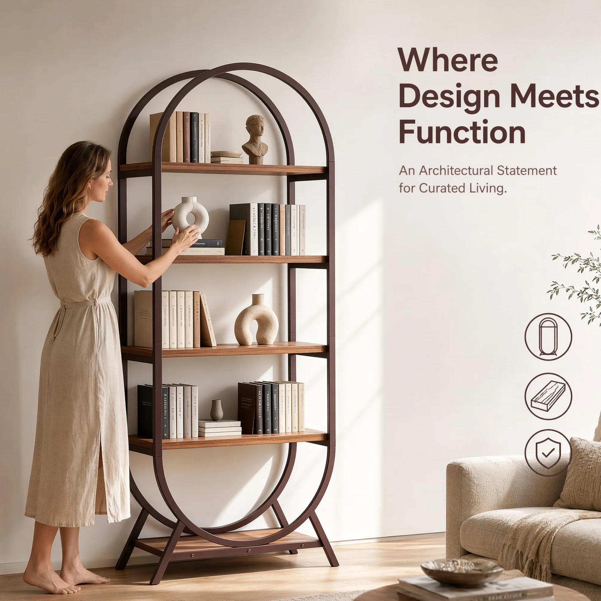 Bookshelf Arched Bookcase, 5 Tier Open Freestanding Display Shelf for Home Office, Living Room, Walnut