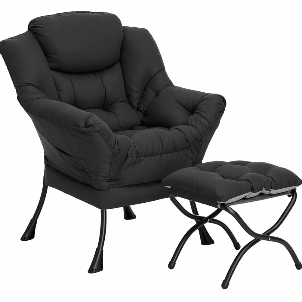 HollyHOME Lazy Chair with Foldable Ottoman, Accent Comfy Lounge Armchair and Folding Footrest Stool, Leisure Sofa Reading Chair and Footstool for Living Room, Bedroom, Dorm,Peachskin Fabric Black