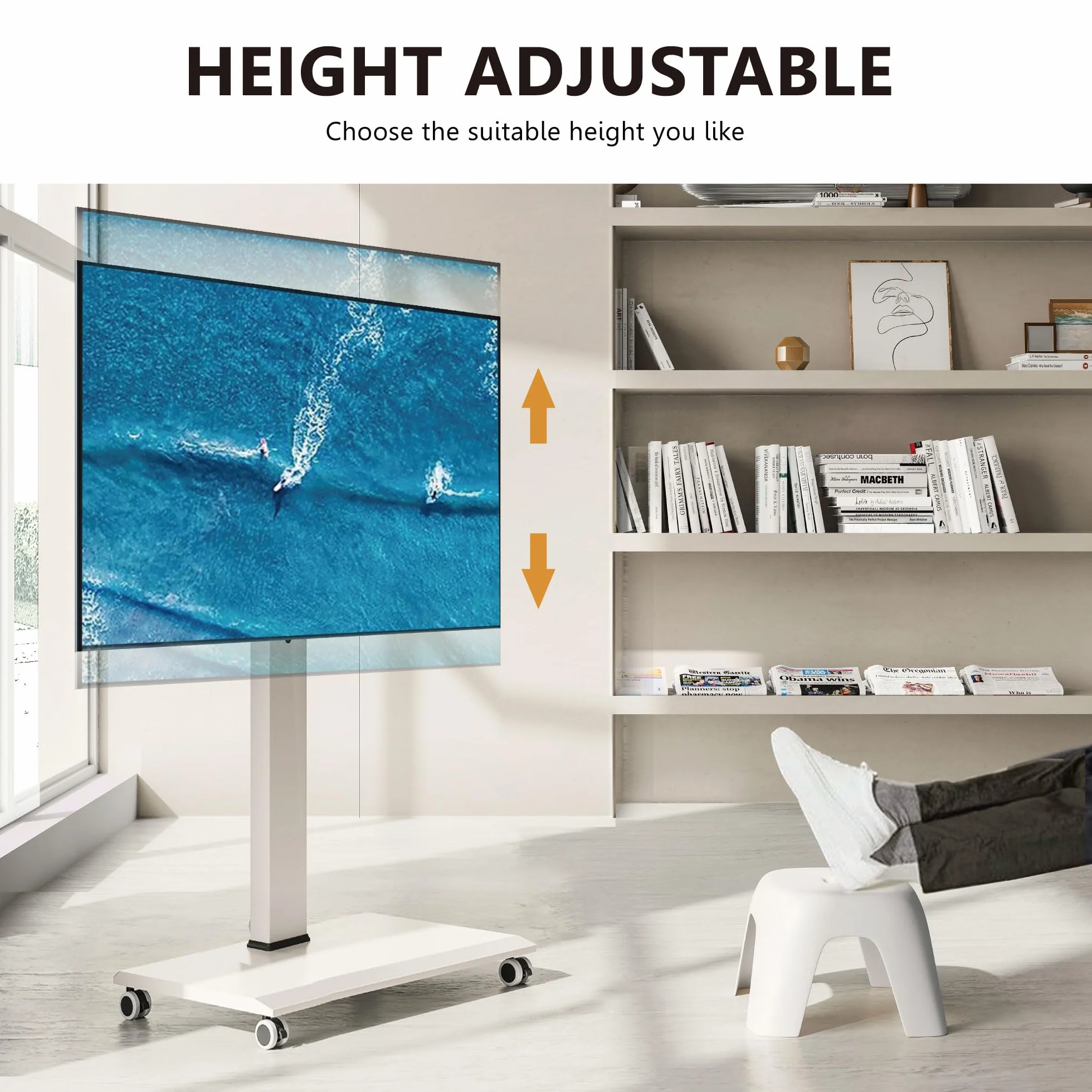 FITUEYES Rolling TV Stand - Portable Mobile TV Cart on Wheels for 32 to 65 70 75 Inch TVs, Landscape to Portrait Rotating and 40°Swivel, Height Adjustable TV Cart Rolling TV Stand Hold Up to 88 Lbs