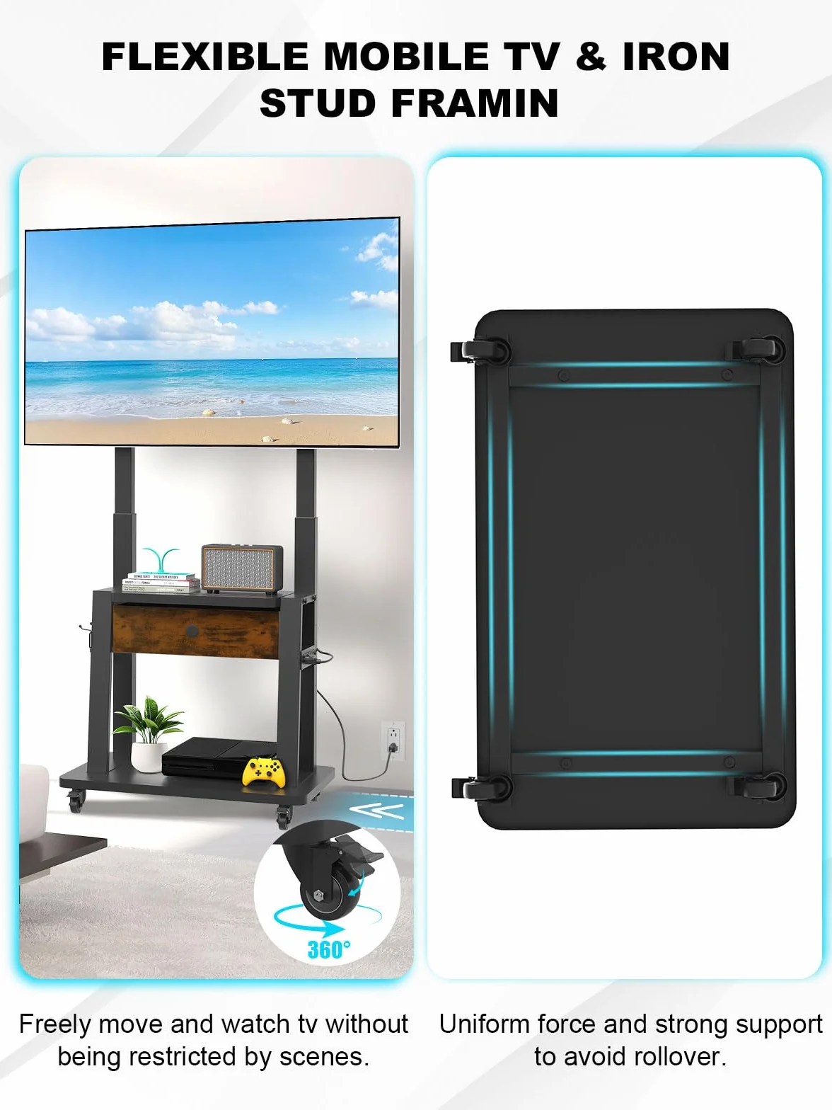 Rolling TV Stand with Power Outlet and Fabric Drawer for 32-75 Inch Flat/Curved Screen up to 220lbs LCD/LED/OLED Adjustable Height Mobile TV Cart with Wheels for Home Office Max VESA 600x400mm