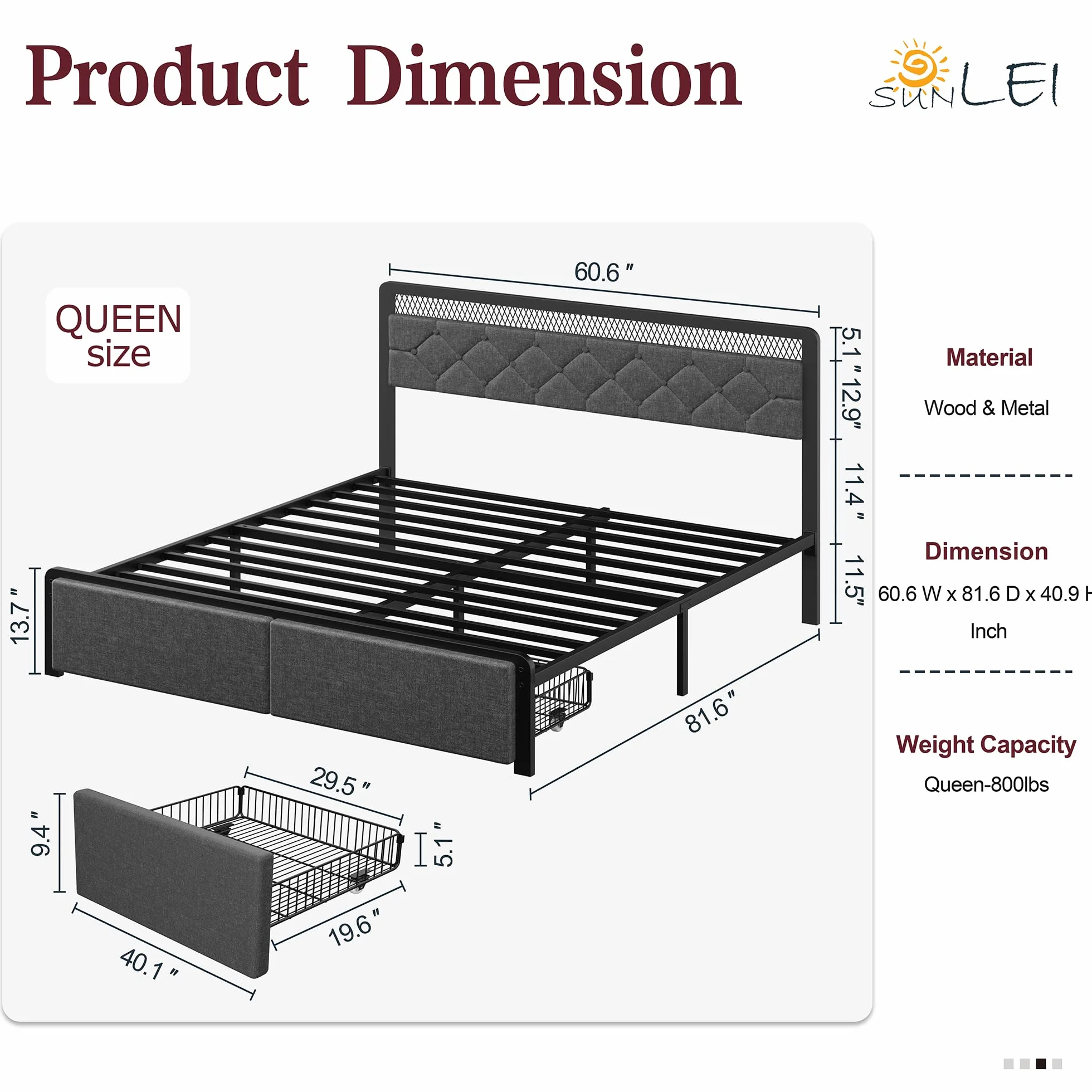 Queen Size Bed Frame with 2 Drawers, Upholstered Platform Bed Frame Queen with Led Light, Metal Platform Bed, Easy Assembly, No Box Spring Needed, Grey
