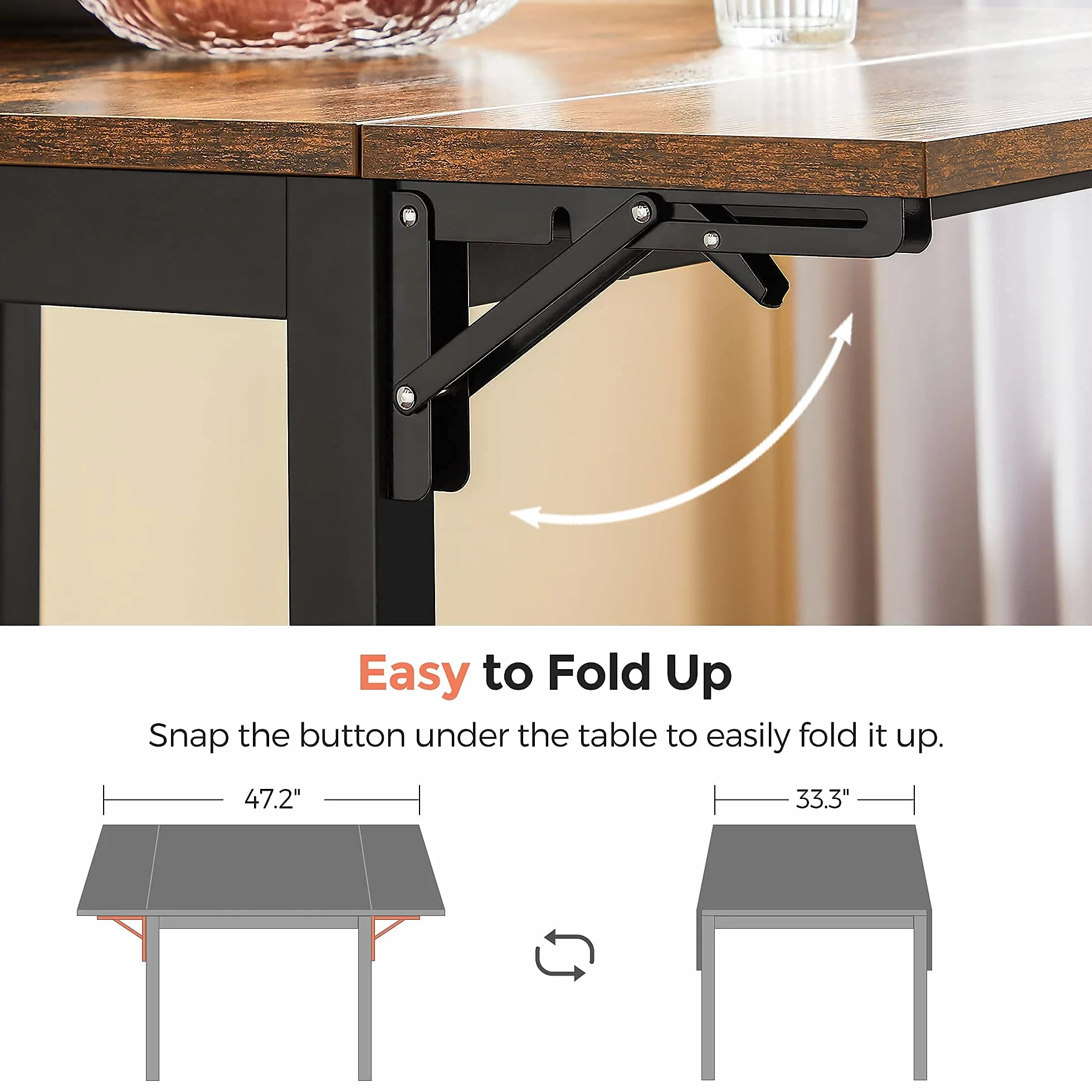 VASAGLE Folding Dining Table, Kitchen Table, Drop Leaf Extendable Table for Small Spaces, Seats 2-4 People, Industrial, Rustic Brown and Black UKDT077B01