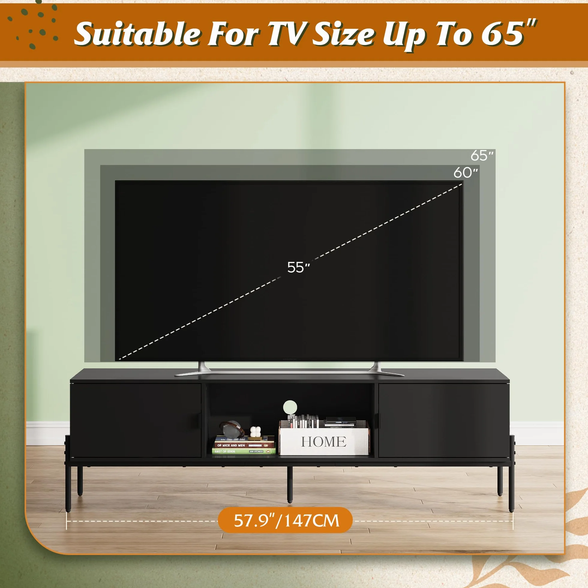 WLIVE 58" TV Stand for 65 Inch TVs, Mid Century Modern Entertainment Center with 2 Storage Cabinets & Open Shelf, Media Console Table with Metal Legs for Living Room, Bedroom, Black
