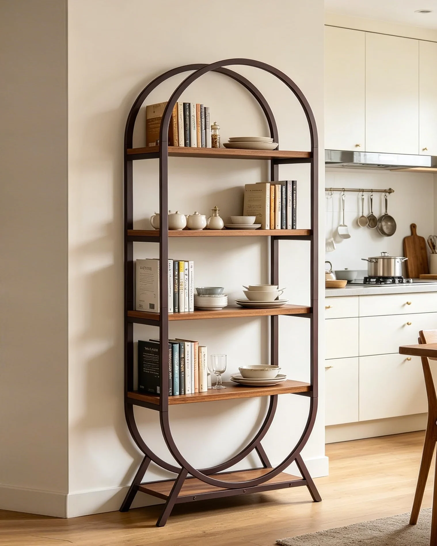 Bookshelf Arched Bookcase, 5 Tier Open Freestanding Display Shelf for Home Office, Living Room, Walnut