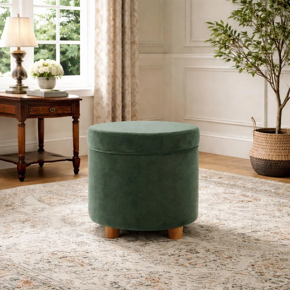 HomePop 19" Round Storage Ottoman - Loden Green Velvet