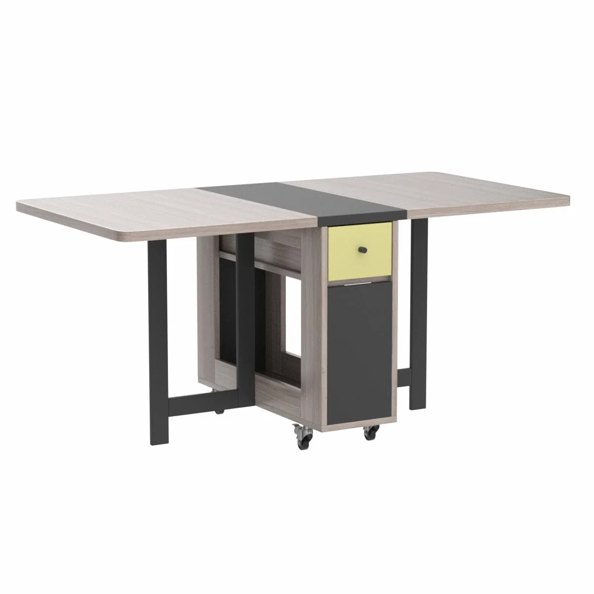 Drop Leaf Folding Dining Table with Storage, 2 Drawers, Grey | 3 Foldable Forms, Space Saving, Movable on Casters, for Kitchen Dining Living Room, Extendable, Versatile