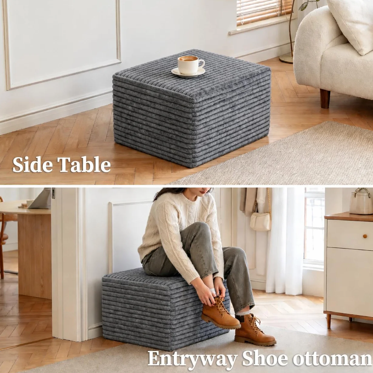 25.6" Corduroy Ottoman for Living Room,Plush Upholstered Ottoman for Couch,Memory Foam Compressed Sofa in A Box No Assembly Require,Dark Grey