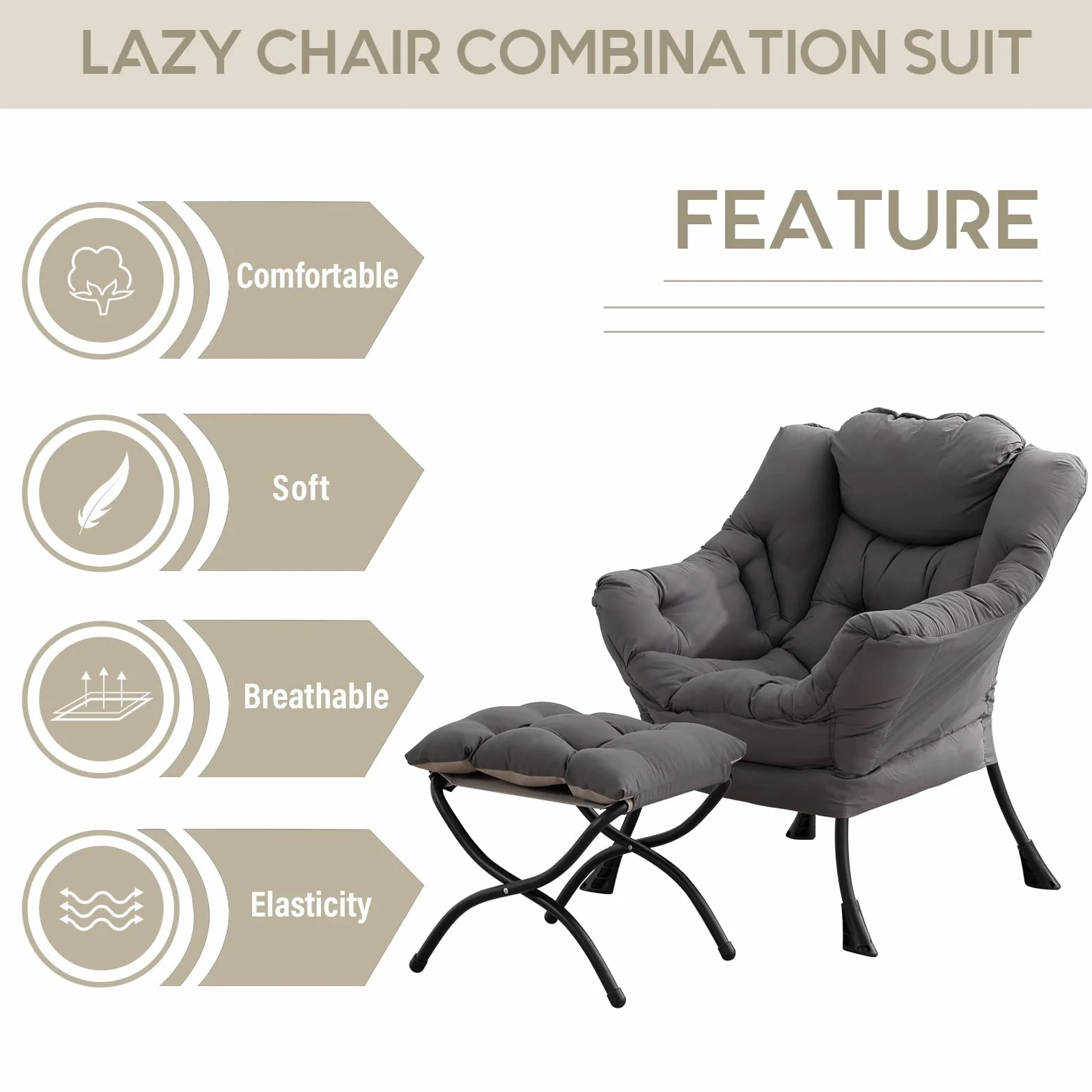 Lazy Chair with Ottoman, Comfy Accent Reading Chair, Dark Grey | Foldable Footrest,Removable Cover,with Armrests and Side Pockets,Upholstered Lounge Chair for Bedroom,Dorm,Office,Small Space