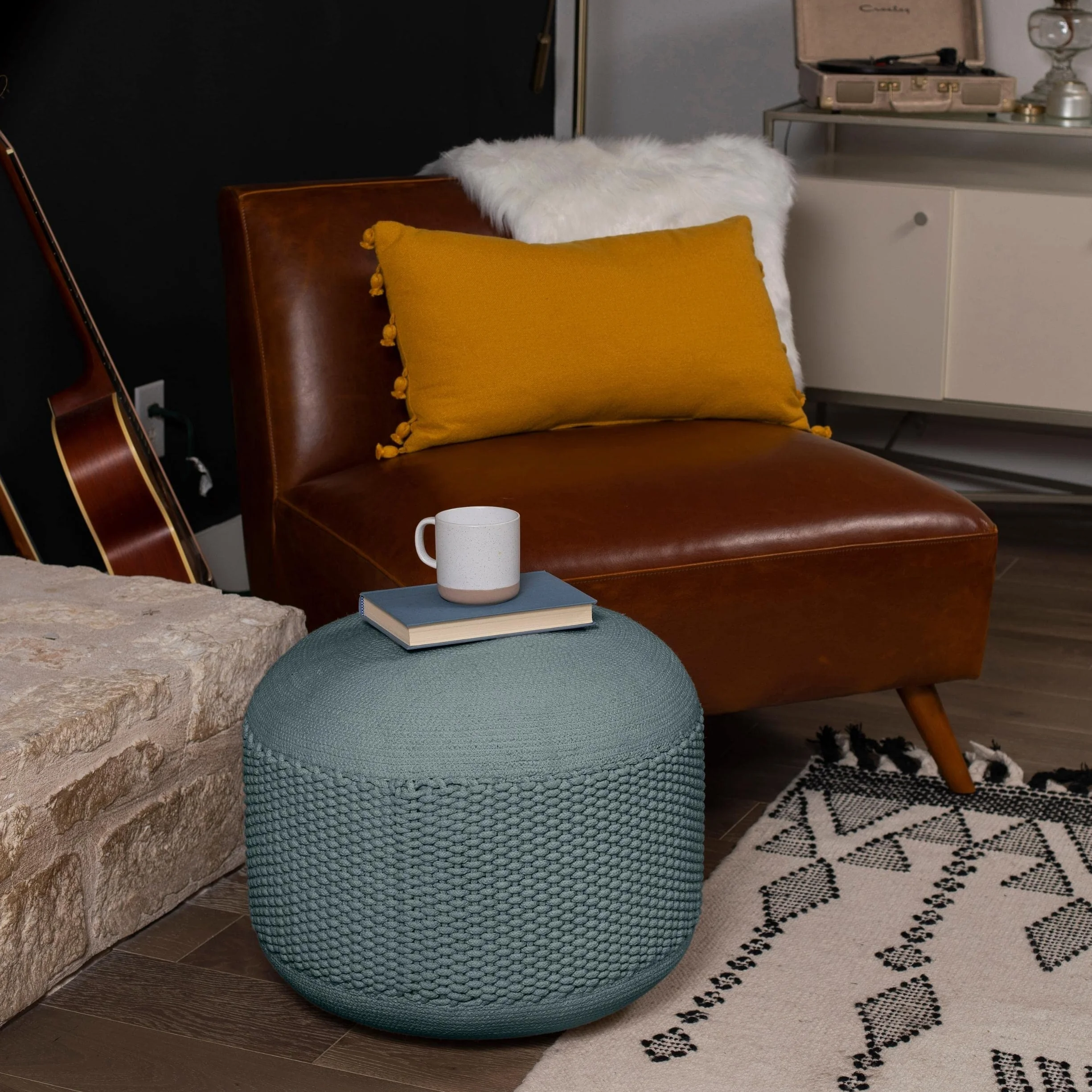 BIRDROCK HOME Outdoor Pouf Ottoman - Mist - Woven Indoor or Backyard Patio Use - Floor Footstool for Living Room- Knit Bean Bag - Oversized Padded Chair - Moroccan Foot Rest