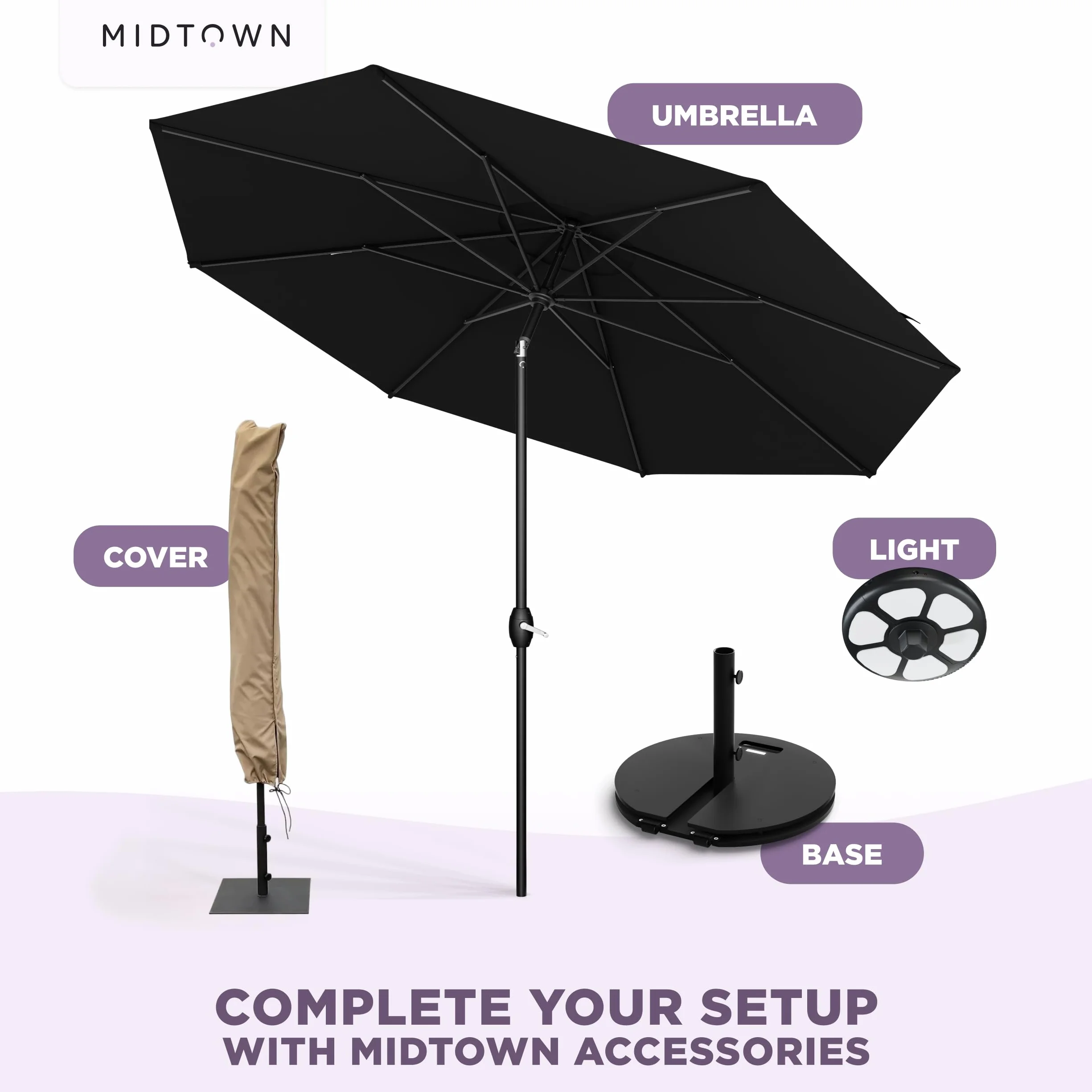 Midtown Umbrellas - 10-Year-No-Fade 9 Ft Patio Umbrella with Terylast Fabric, Auto-Tilt Aluminum Frame and 8 Reinforced Ribs for Deck, Pool, Garden & Beach - Ebony Black Canopy, Black Pole