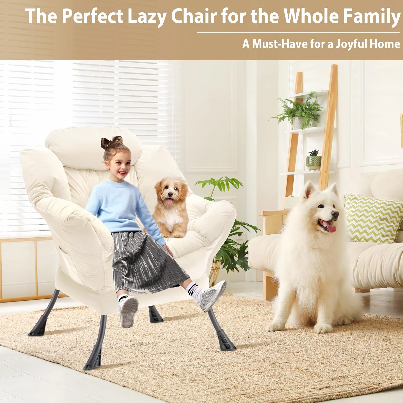 Youtanic Lazy Chair Thick Padded, Comfy Velvet Accent Lounge Chair with Stable Frame, Leisure Sofa Armchair with Armrests and Side Pocket, Reading Chair for Bedroom, Living Room, Office, Beige