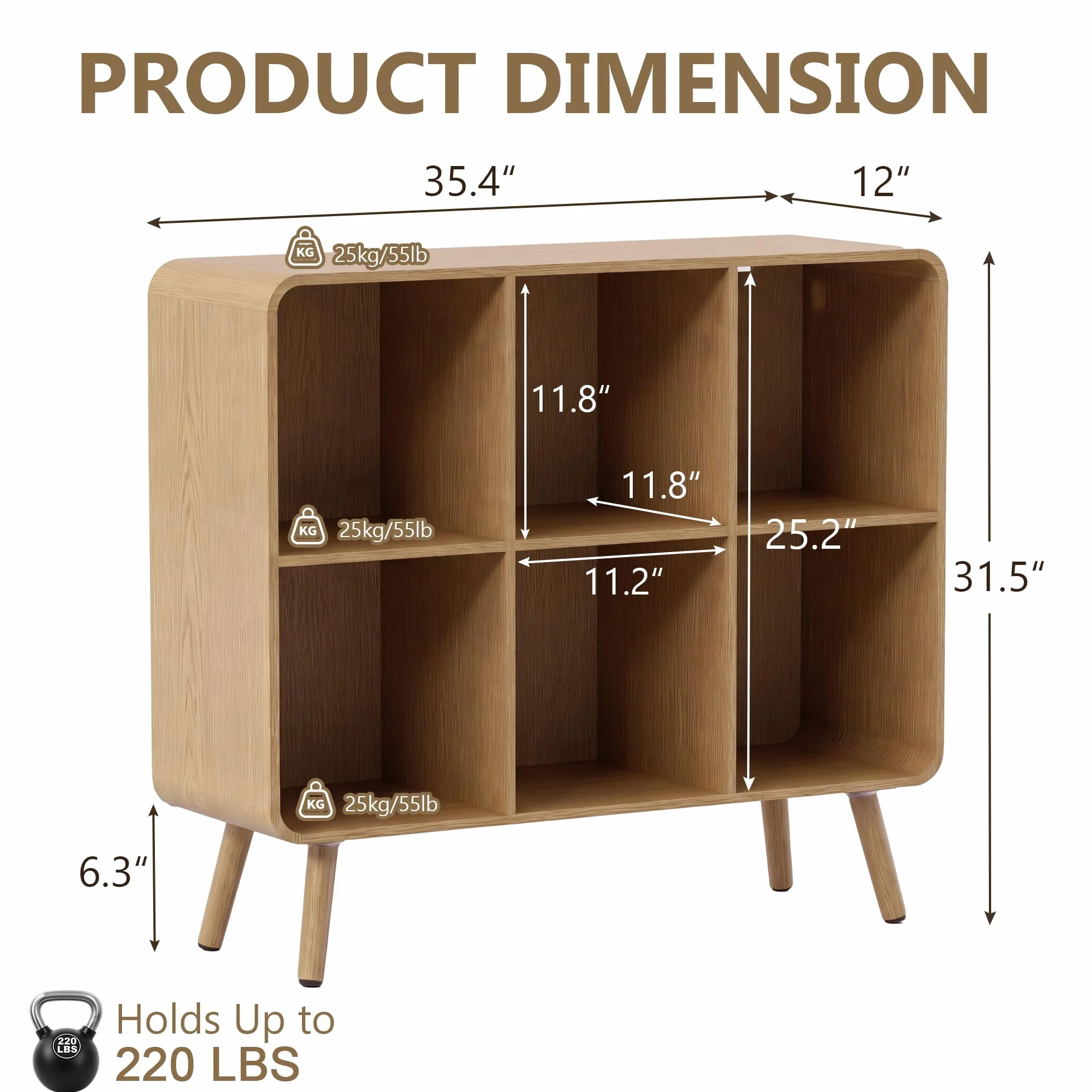 6 Cube Bookshelf - 35.4" Wood Cube Bookcase with Legs, Open Cubby Bookshelves with Curved Profile Design for Bedroom, Living Room,Home Office, Nature