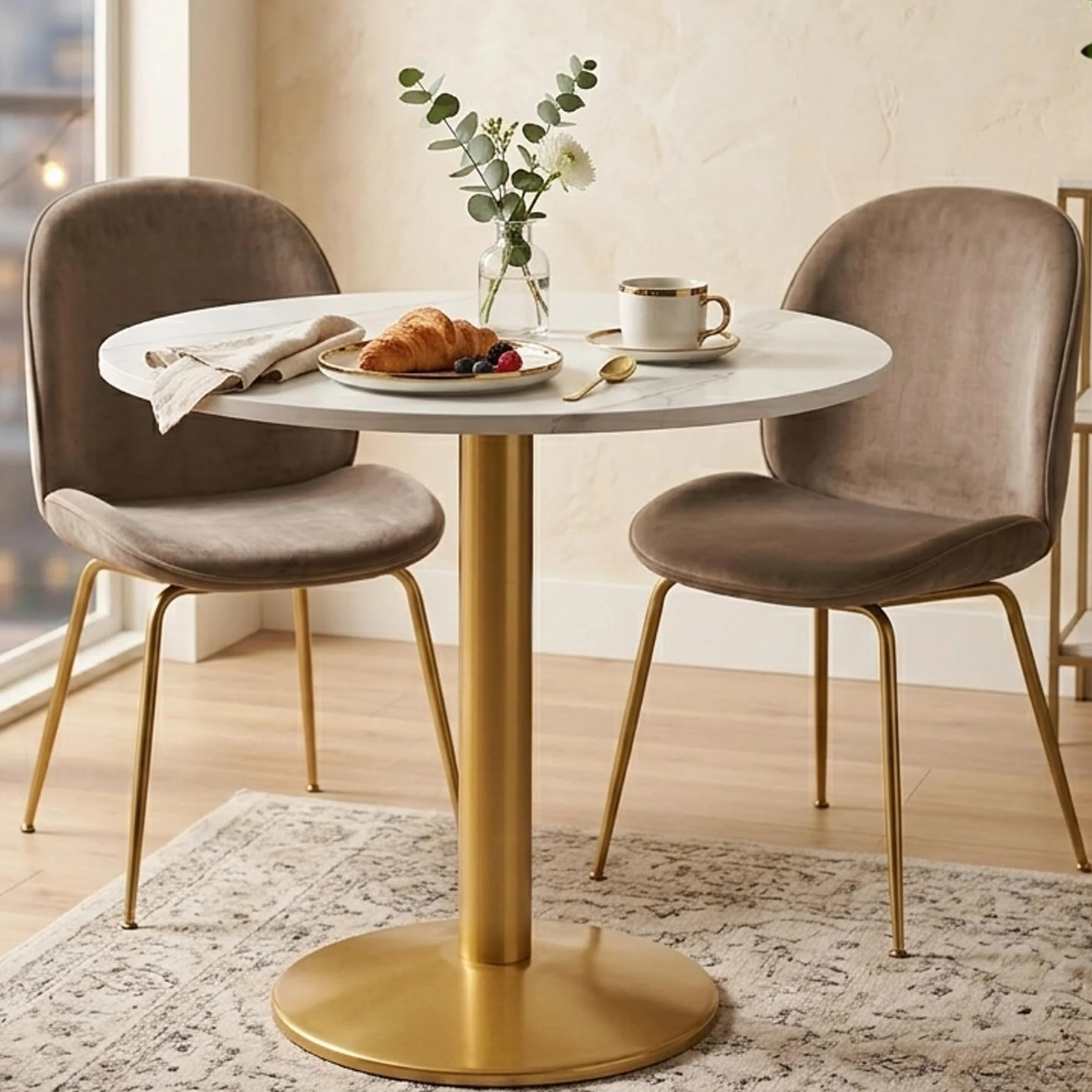 30 Inch Round Dining Table, Modern Tulip Bistro Table with White Faux Marble Top and Weighted Gold Pedestal Base, Small Kitchen Table for 2-4 People, Mid Century Style for Dining Room, Cafe, Office