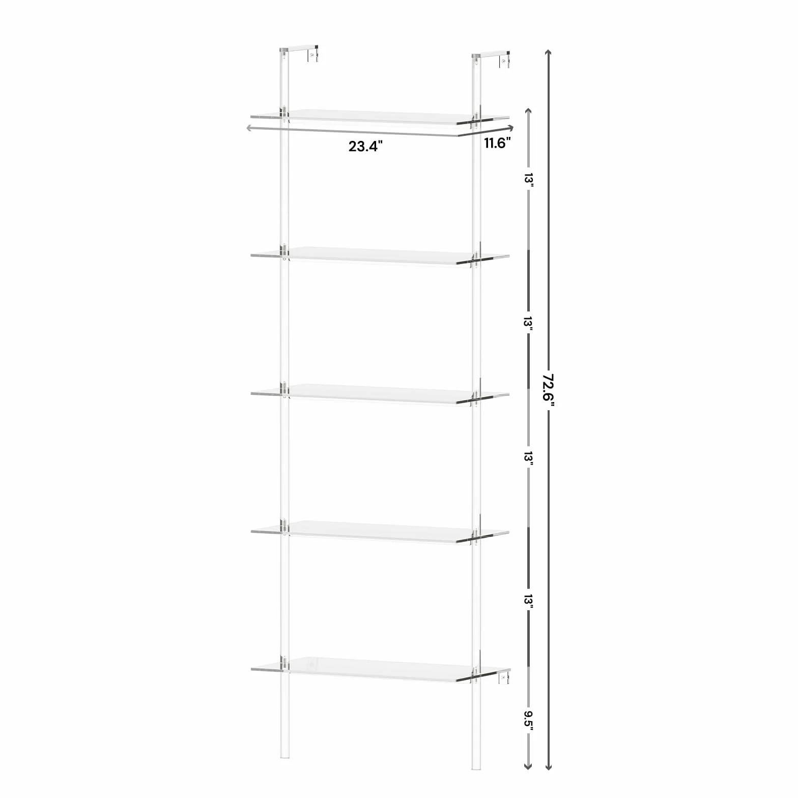 Acrylic Ladder Bookshelf, 5-Tier Clear Wall Mounted Bookshelf with Open Shelves, Multipurpose Bookcase for Living Room, Bathroom, Office, Modern, 11.6" D x 23.4" W x 72.6" H