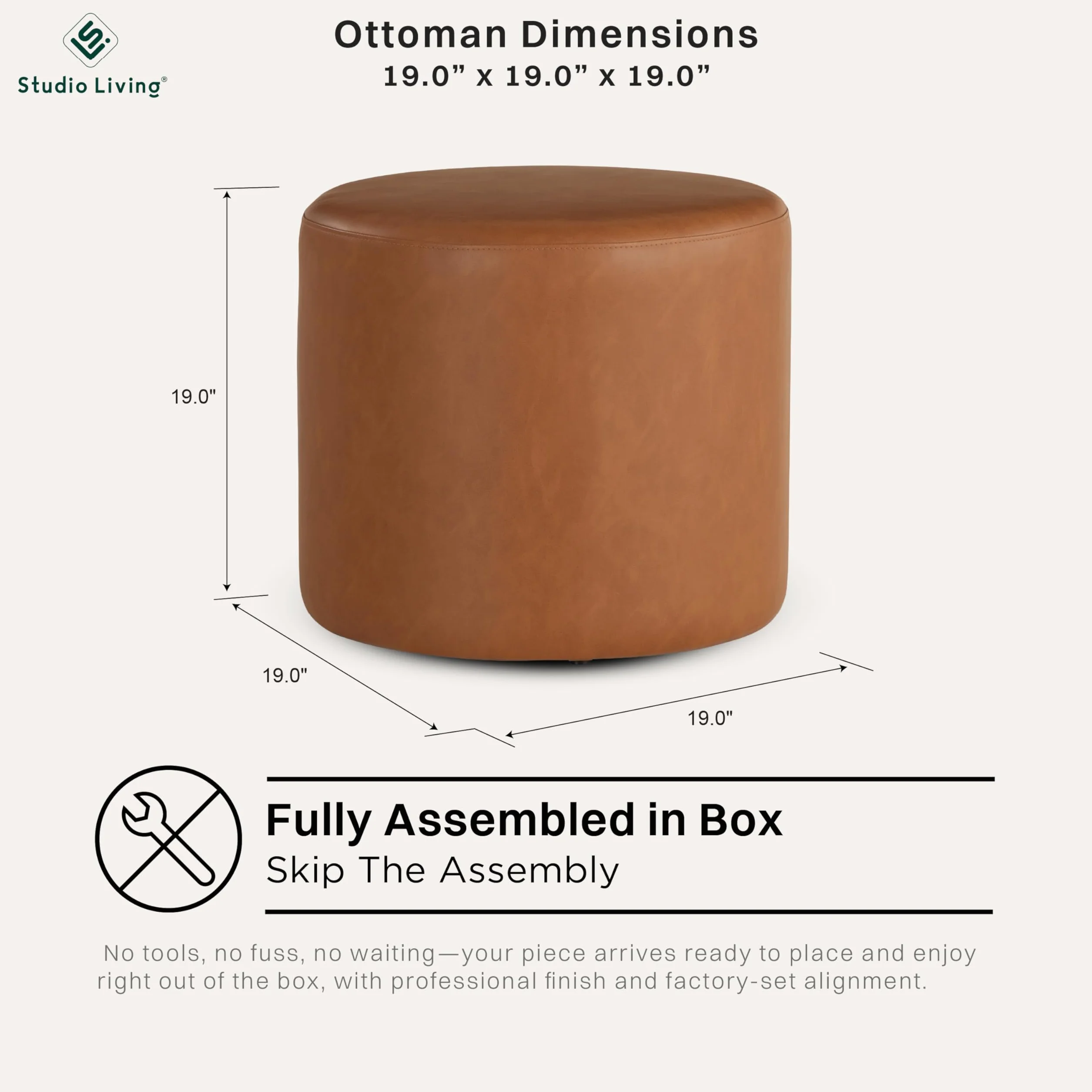 Lifestyle Solutions 19” Wentworth Ottoman Round Faux Leather Bench, Stationary Ottomans, Backless Chair, Footrest for Living Room, Footstool Office, Bedroom, Padded Seat, Caramel Brown