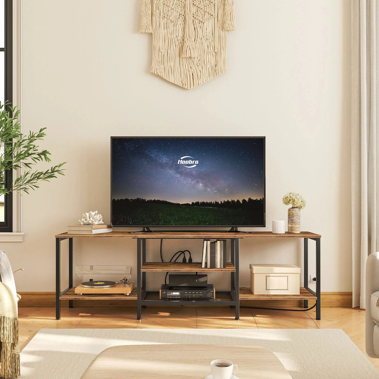 HOOBRO TV Stand with Power Outlets to 75 Inches, TV Console Table with Open Storage Shelves Cabinet, Industrial Media Entertainment Center for Living Room Bedroom, Rustic Brown and Black BF80DS01