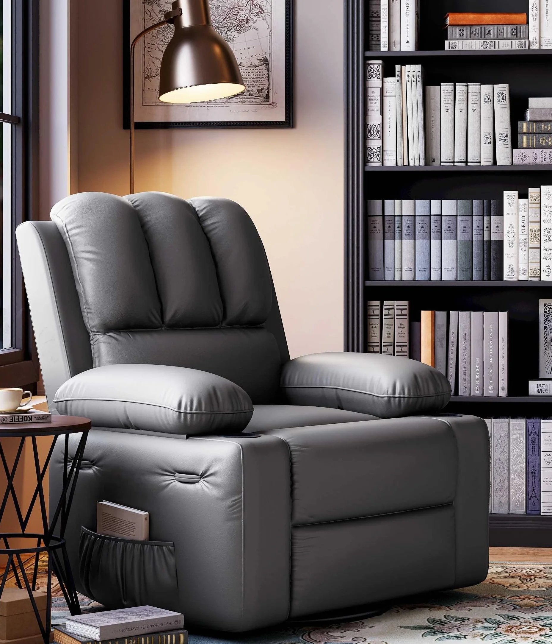 GarveeHome Oversized Recliner Chairs with Heat and Massage - 360° Swivel Lazy Recliner Chair for Adults- Manual Recliner Chair with Cup Holder for Living Rooms, Bedrooms and Nurseries - Grey