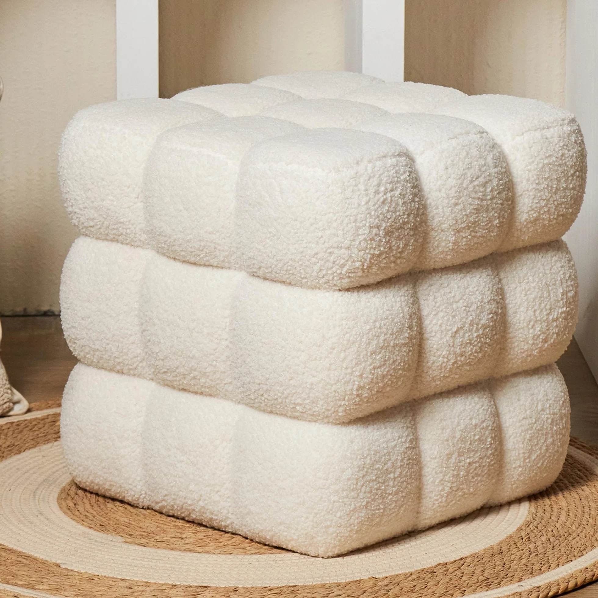 White Sherpa Square Ottoman - 17.3" Large Boucle Cube Pouf with Sturdy Wood Frame, 330lbs Capacity Modern Fuzzy Vanity Stool & Footrest for Living Room, Bedroom - Fully Assembled