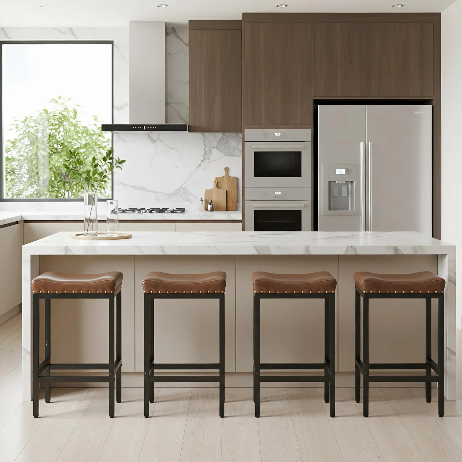 Forteek 25.5'' Bar Stools Set of 2, Counter Height Barstools with Nailhead | Bar Height Stools, Faux Leather Barstool with Footrest, Saddle Stool for Kitchen Island, Dining Room, Easy Assembly, Brown