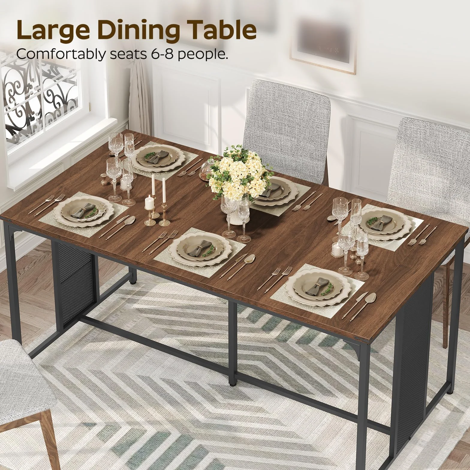 63" Dining Table for 6-8 People, Modern Large Kitchen Table | Heat-Resistant Tabletop, Unique Rectangular Dinner Table, Wooden, Quick Assembly, for Dining Room, Kitchen, Natural Walnut