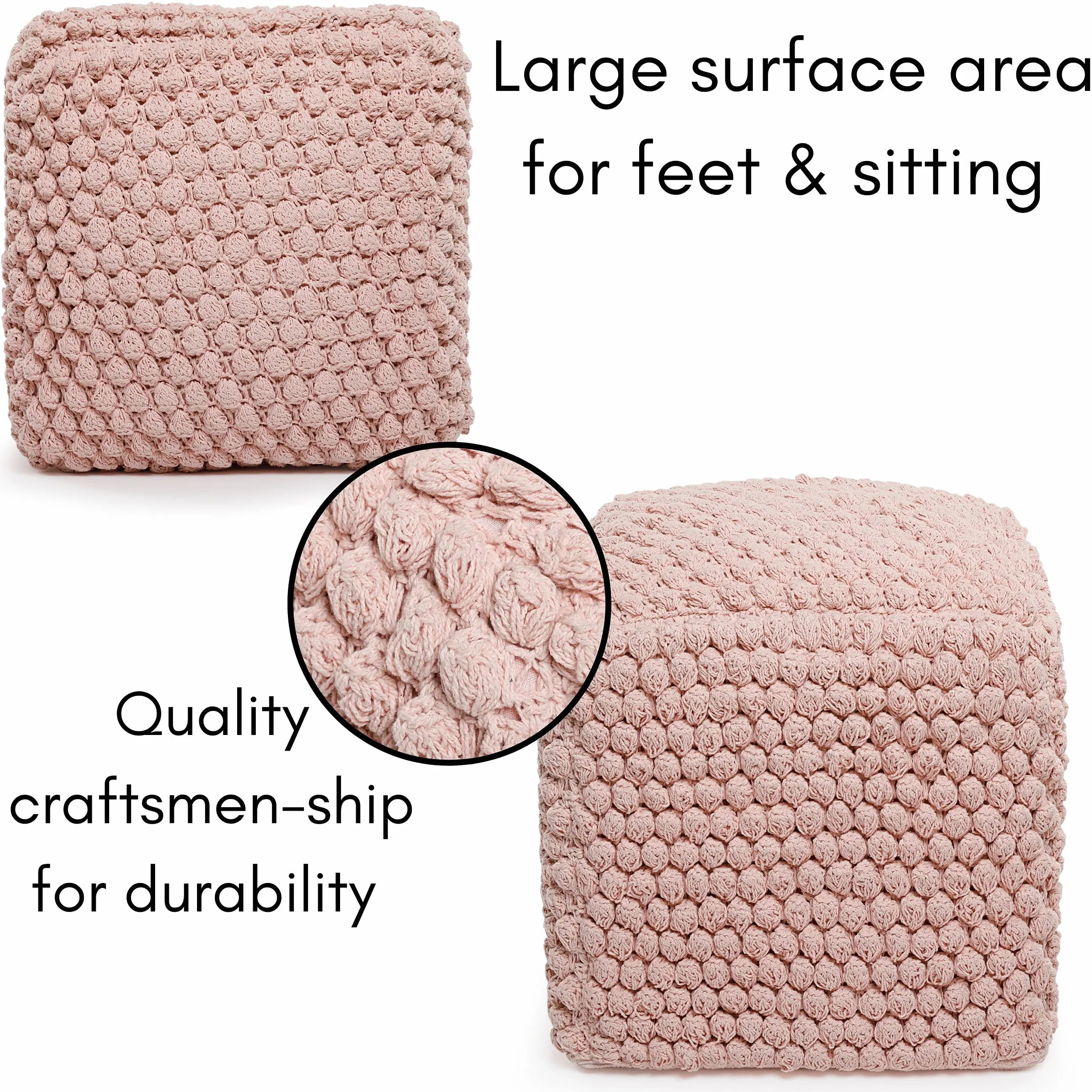 BIRDROCK HOME Square Pouf Ottoman Foot Rest - 18” Compact Comfortable Soft Cotton Knit Bean Bag Floor - Chair Foot Stool Seat for Living Room, Bedroom, or Kids Room (Dusty Rose Pink Bud)