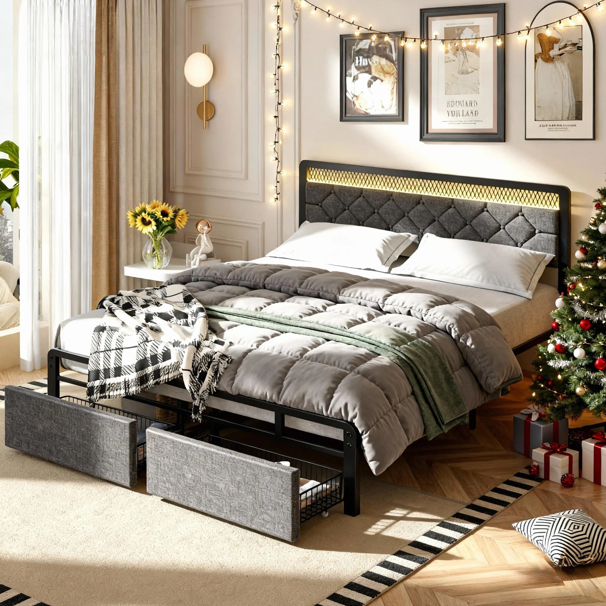 Queen Size Bed Frame with 2 Drawers, Upholstered Platform Bed Frame Queen with Led Light, Metal Platform Bed, Easy Assembly, No Box Spring Needed, Grey