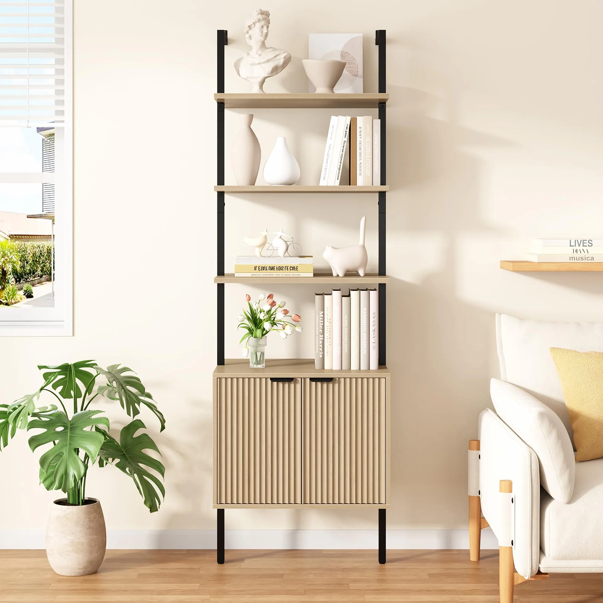 Yusong 73" Tall Bookshelf with Cabinet, Industrial Ladder Wall Mount Shelf Bookcase with Wood and Metal Frame, Plant Shelf Wall Storage Display for Living Room Bedroom, Wavy Light Ivory