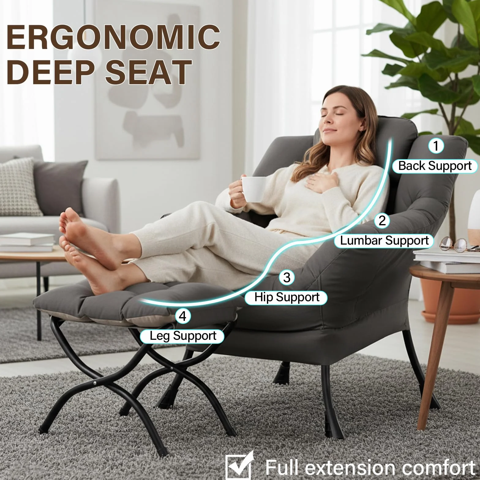 Welnow Lazy Chair with Ottoman, Reading Chair with Footrest,Dark Grey | A Side Pocket,Armrests,Foldable Footrest,Thick Cushioned Seat & Backrest, Lounge Chair for Bedroom,Living Room & Small Space